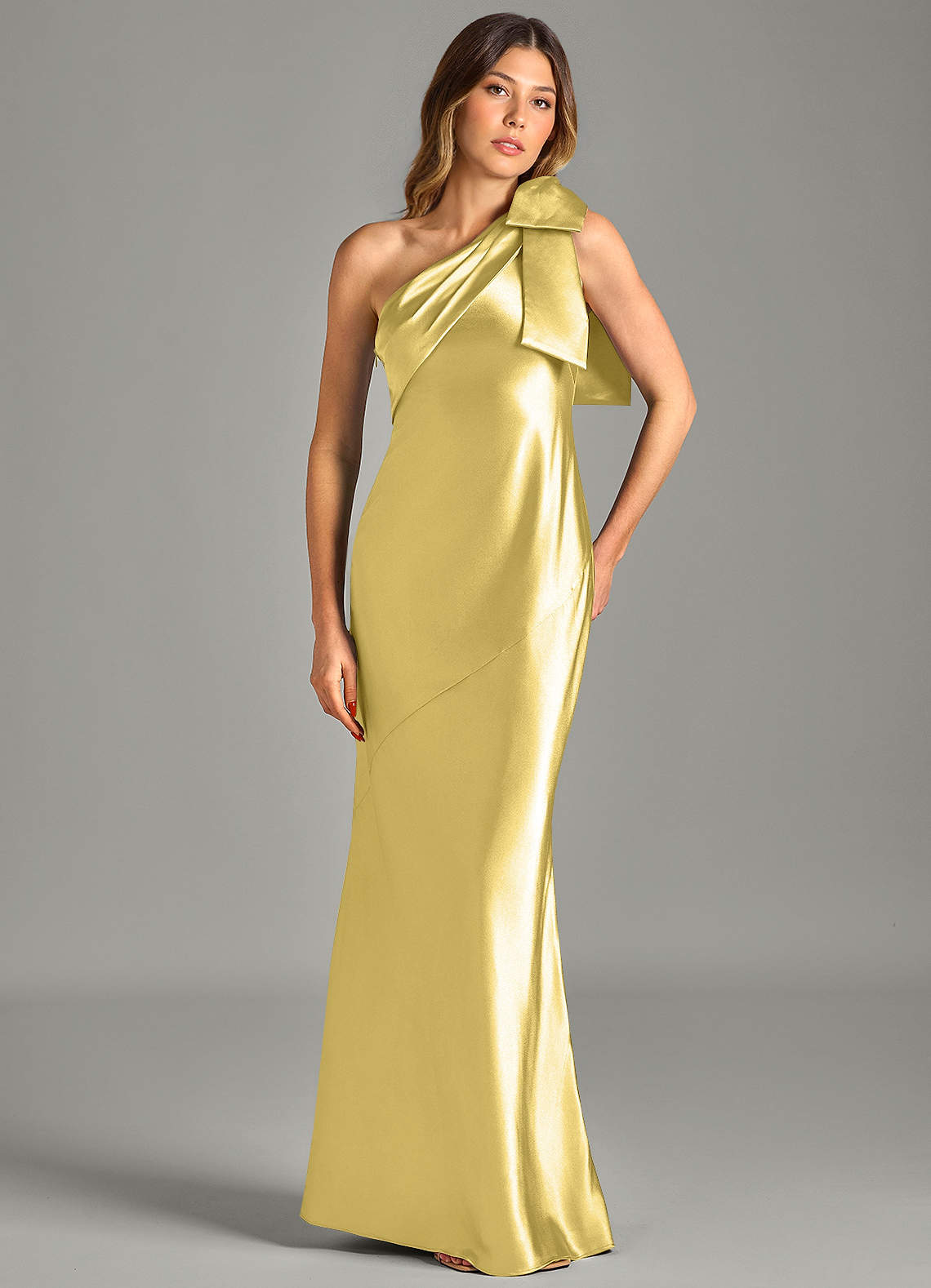 Yuanna Mermaid One-Shoulder Metallic Satin Bridesmaid Dress in Canary