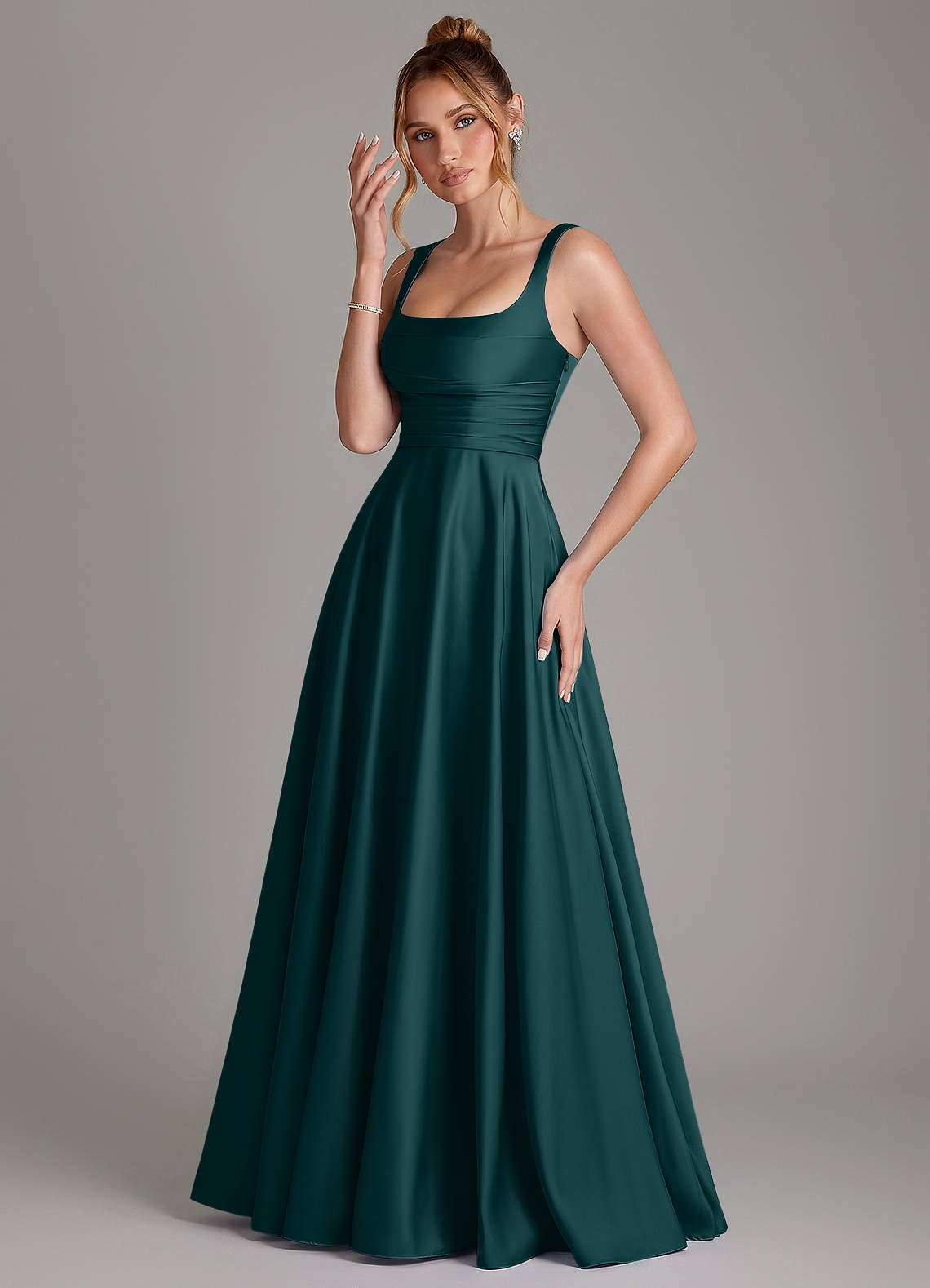 Azaria A-Line Square-Neck Stretch Satin Bridesmaid Dress in Pine