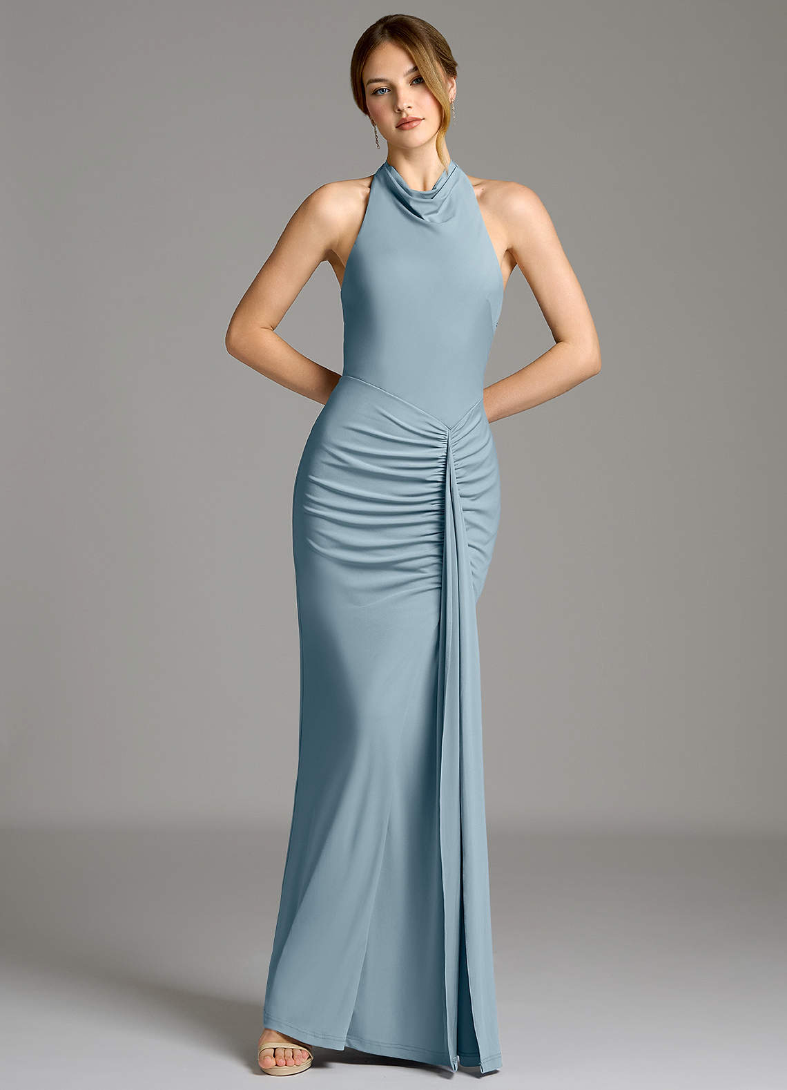 Raevynn Mermaid Halter Stretch Jersey Bridesmaid Dress in dusty blue