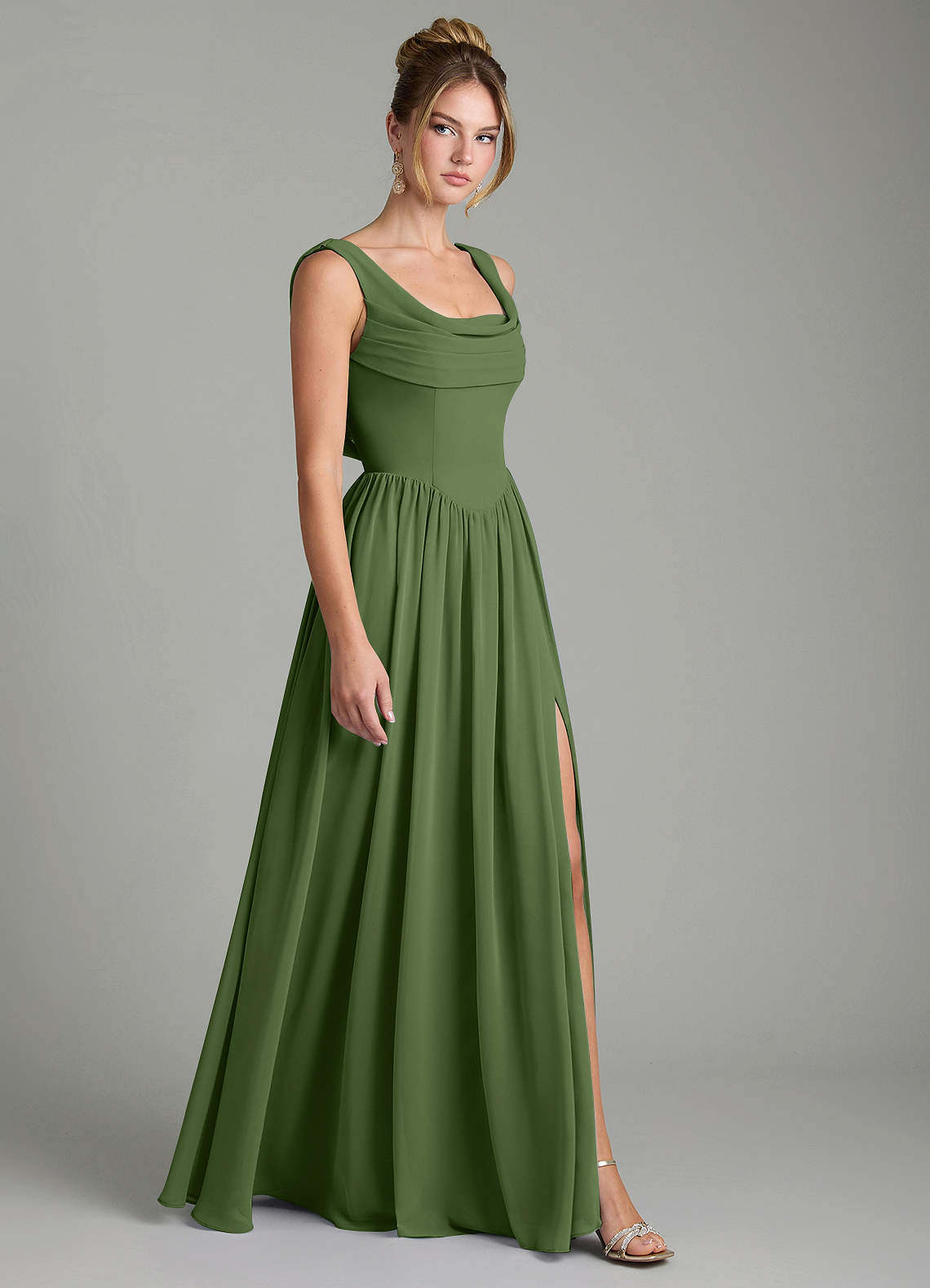 Novi A-Line Square-Neck Chiffon Bridesmaid Dress in Olive