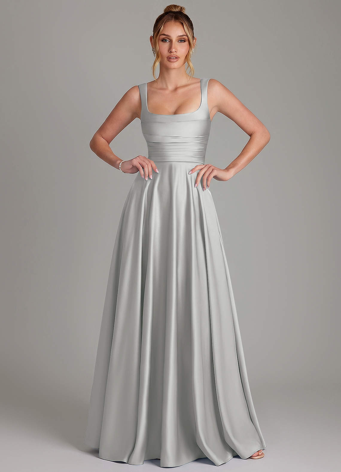 Azaria A-Line Square-Neck Stretch Satin Bridesmaid Dress in Silver