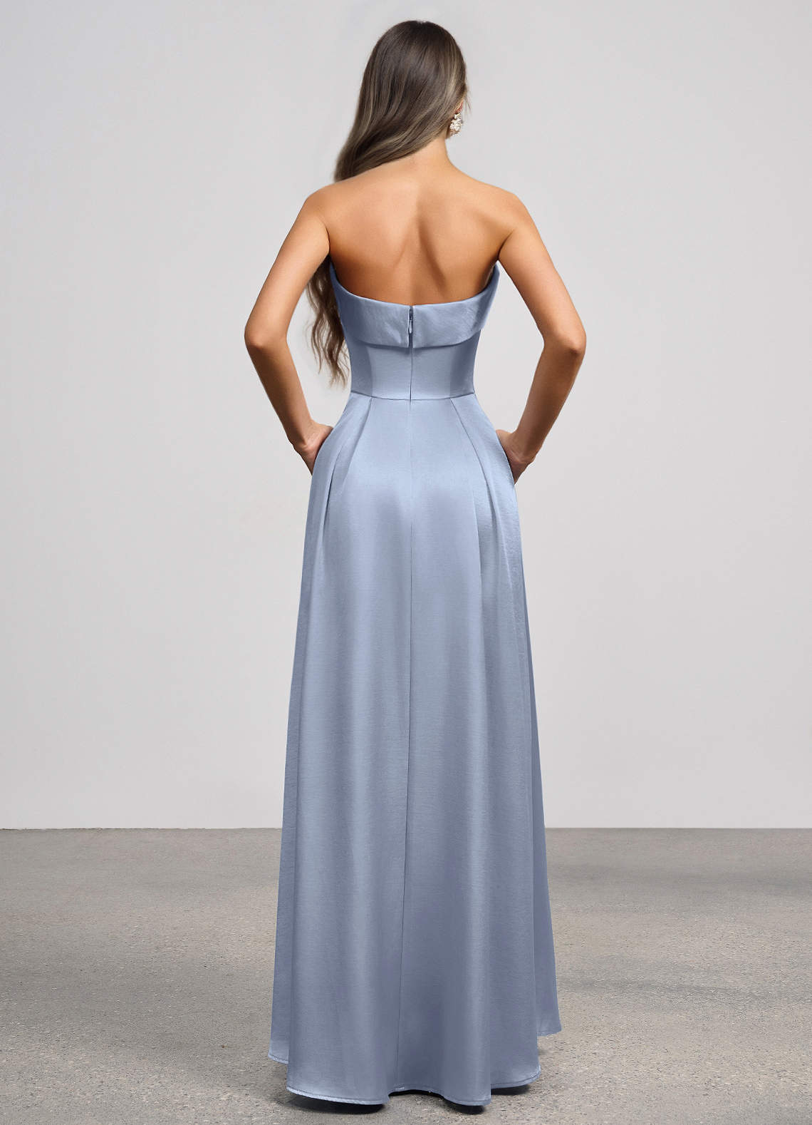 Isolde Strapless Folded-Neck Corset Luminous Satin Evening Dress in dusty blue