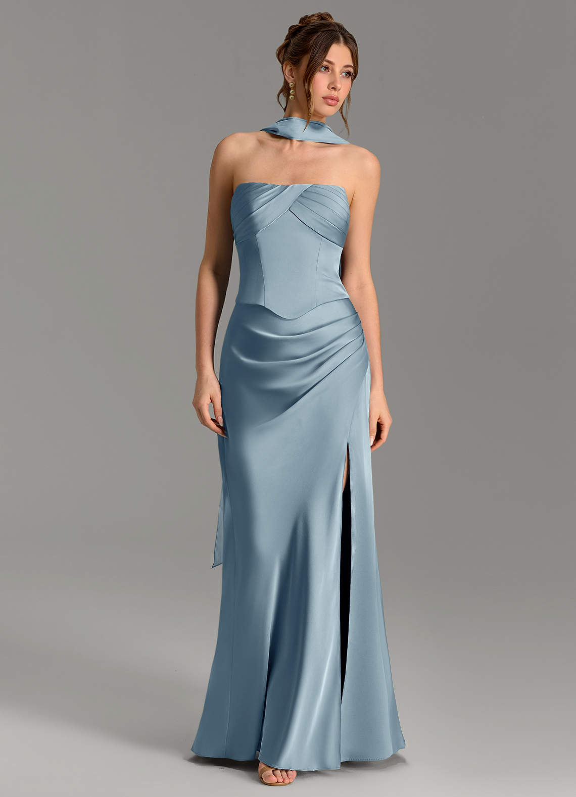 Nicki Sheath Scoop-Neck Stretch Satin Bridesmaid Dress in dusty blue