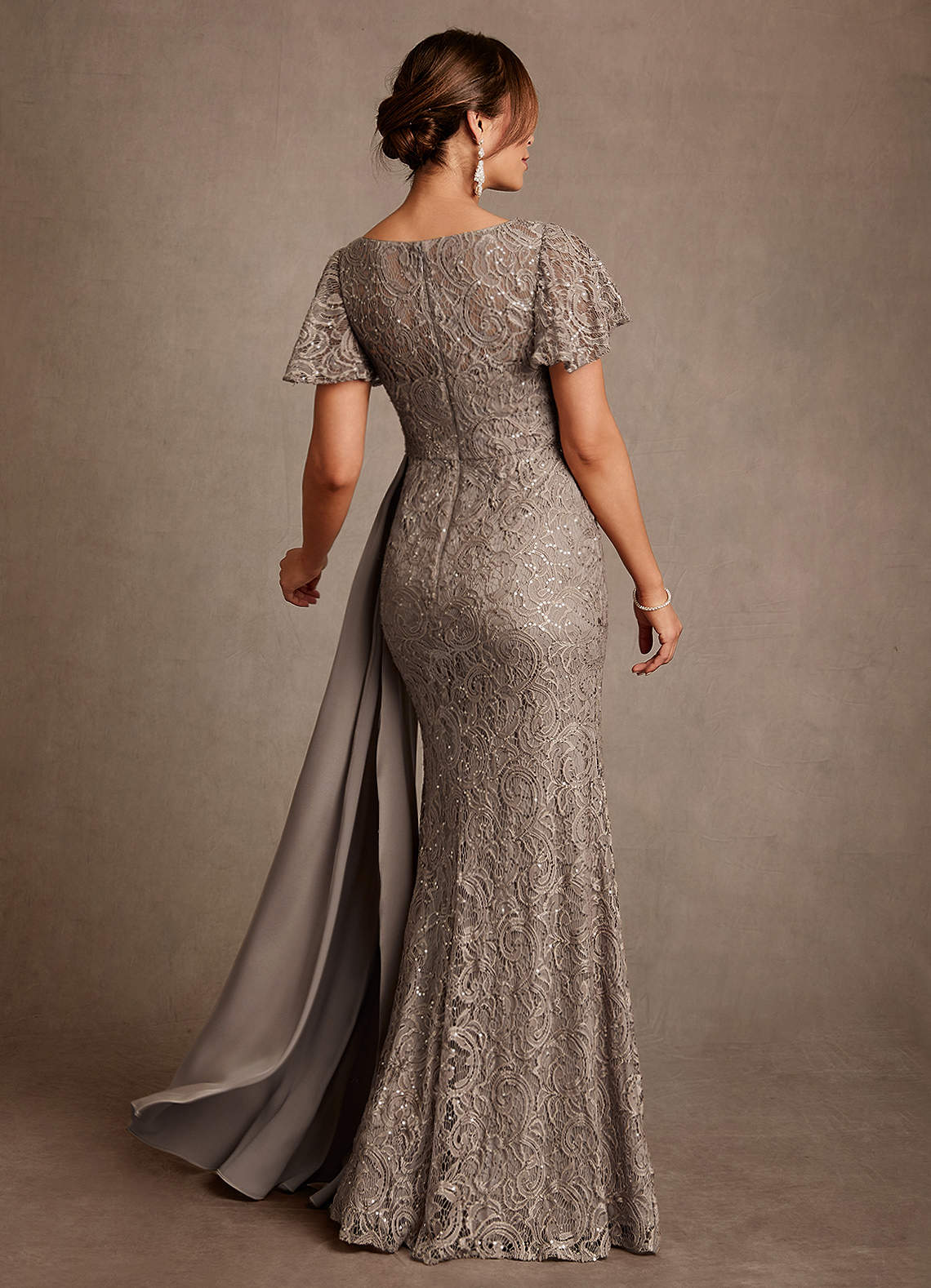 Harrison Mermaid Scoop-Neck Stretch Satin and Lace Mother of the Bride Dress in taupe