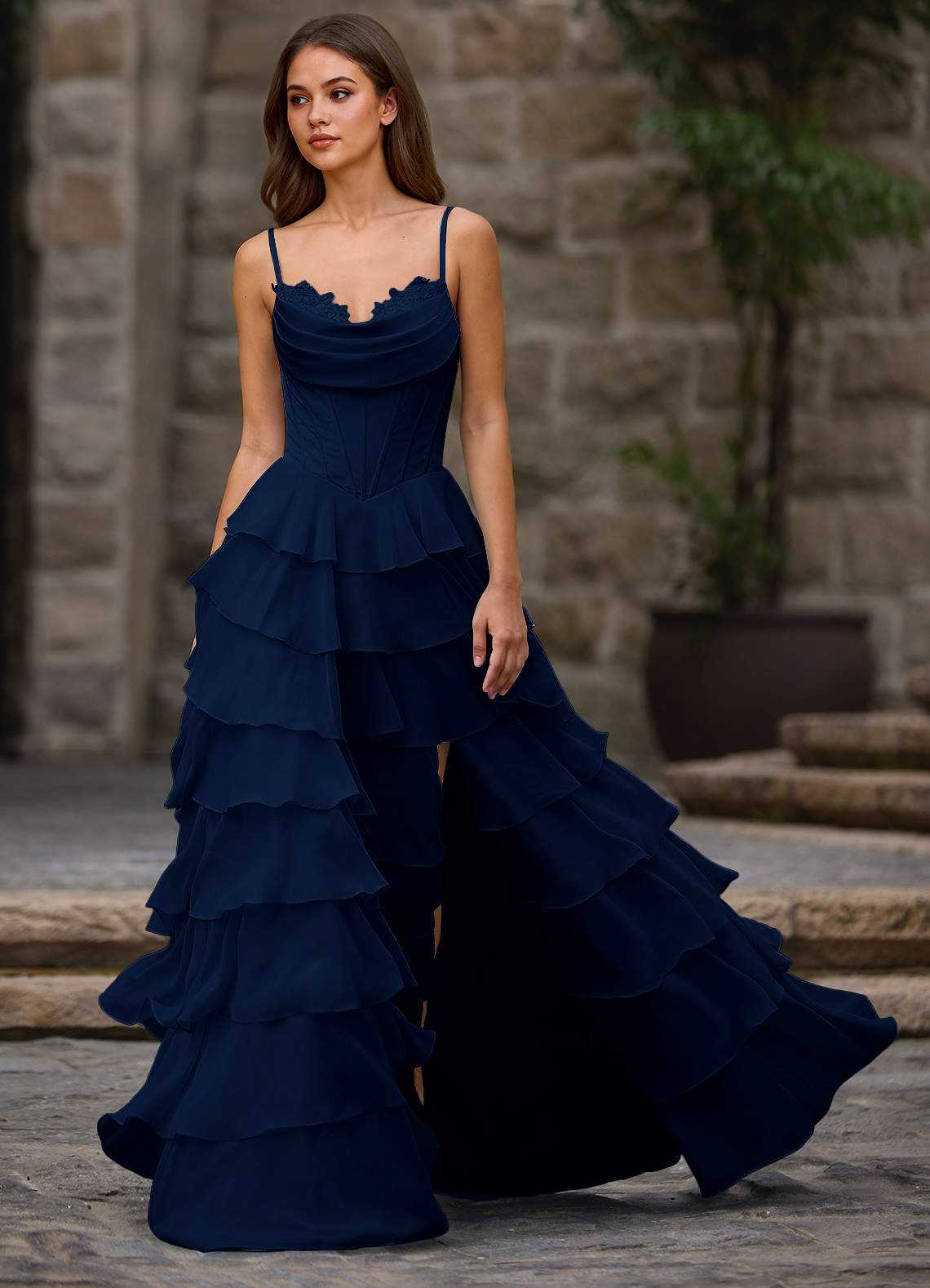 Floralace A-Line Ruffle Chiffon Evening Dress in Navy