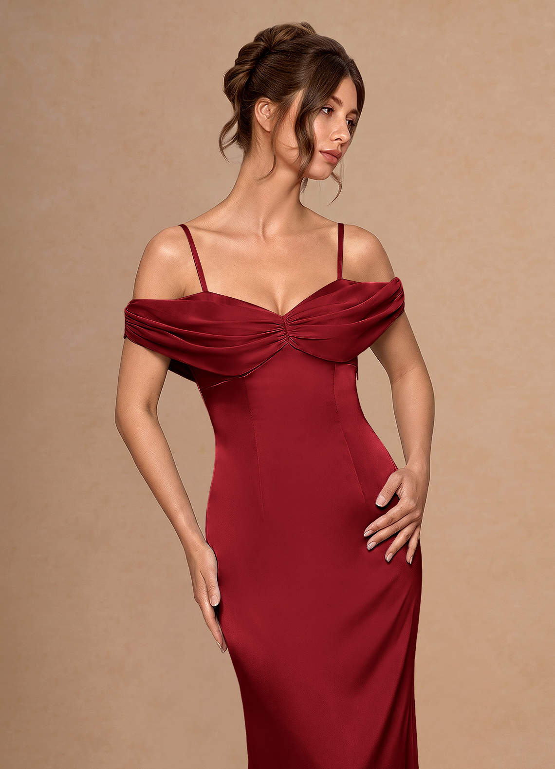 Estelle A-Line Cold-Shoulder Satin Chiffon Evening Dress in Cherry Red