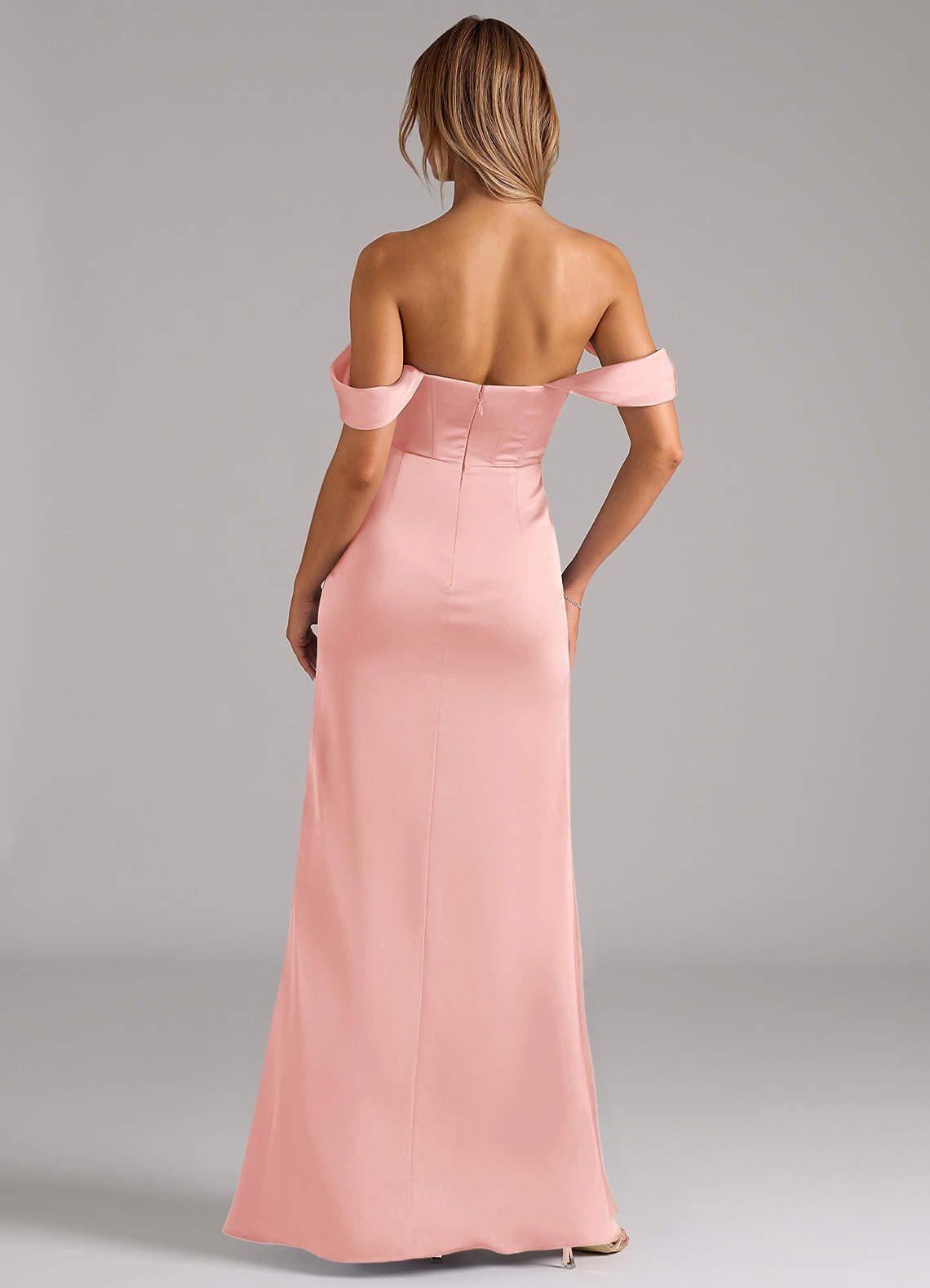Johana Mermaid Off-the-Shoulder Stretch Satin Bridesmaid Dress in Powder Pink
