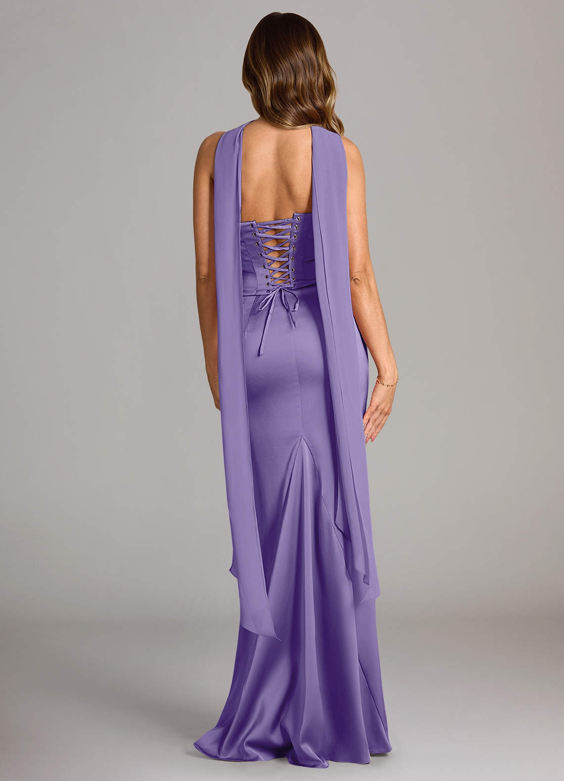 Sorrel Mermaid Cowl-Neck Stretch Satin and Chiffon Bridesmaid Dress in Tahiti