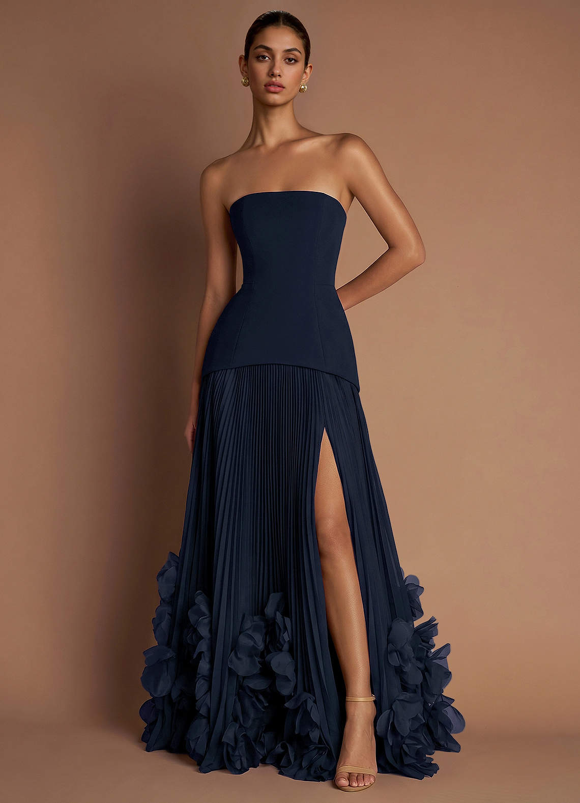 Marnie A-Line Corset Crepe Chiffon Evening Dress in Navy