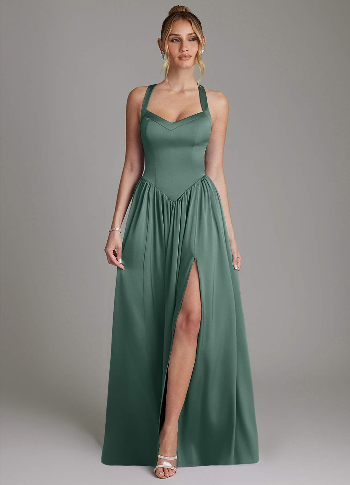 Francis A-Line V-Neck Stretch Satin Bridesmaid Dress in Eucalyptus