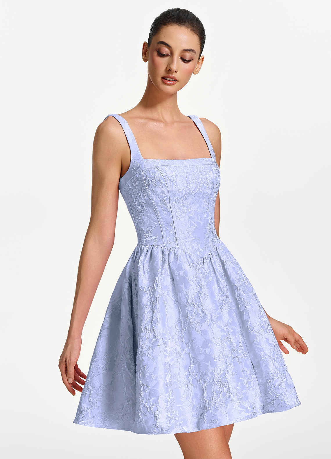 Lionelle Skater Mini Square-Neck Jacquard Prom Dress in Periwinkle - photo 3