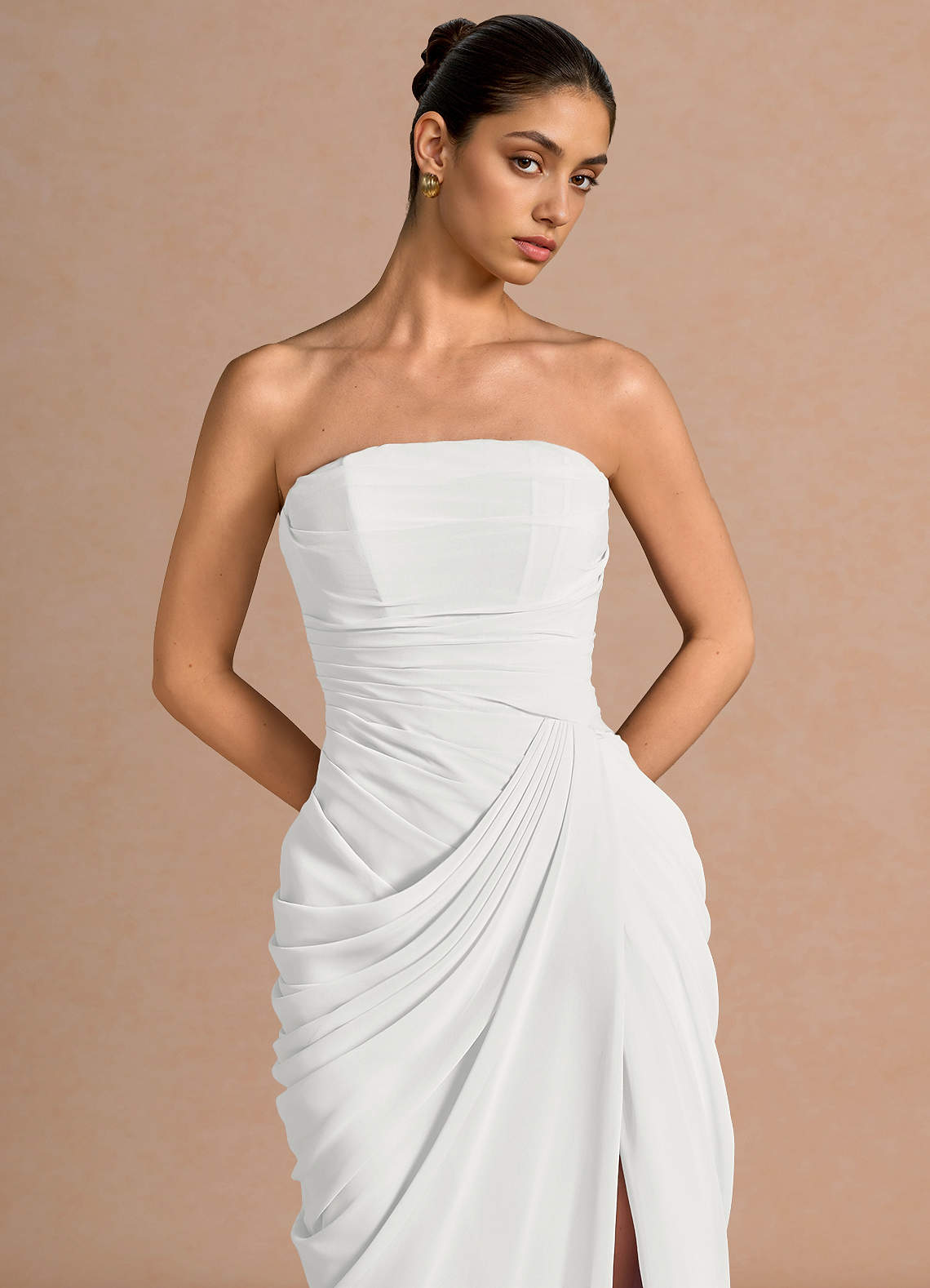 Kaavia Column Pleated Chiffon Maxi Evening Dress in White