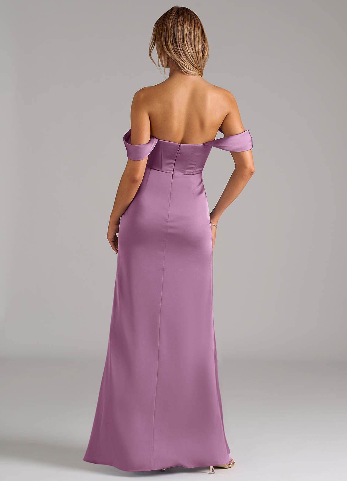 Johana Mermaid Off-the-Shoulder Stretch Satin Bridesmaid Dress in Wisteria
