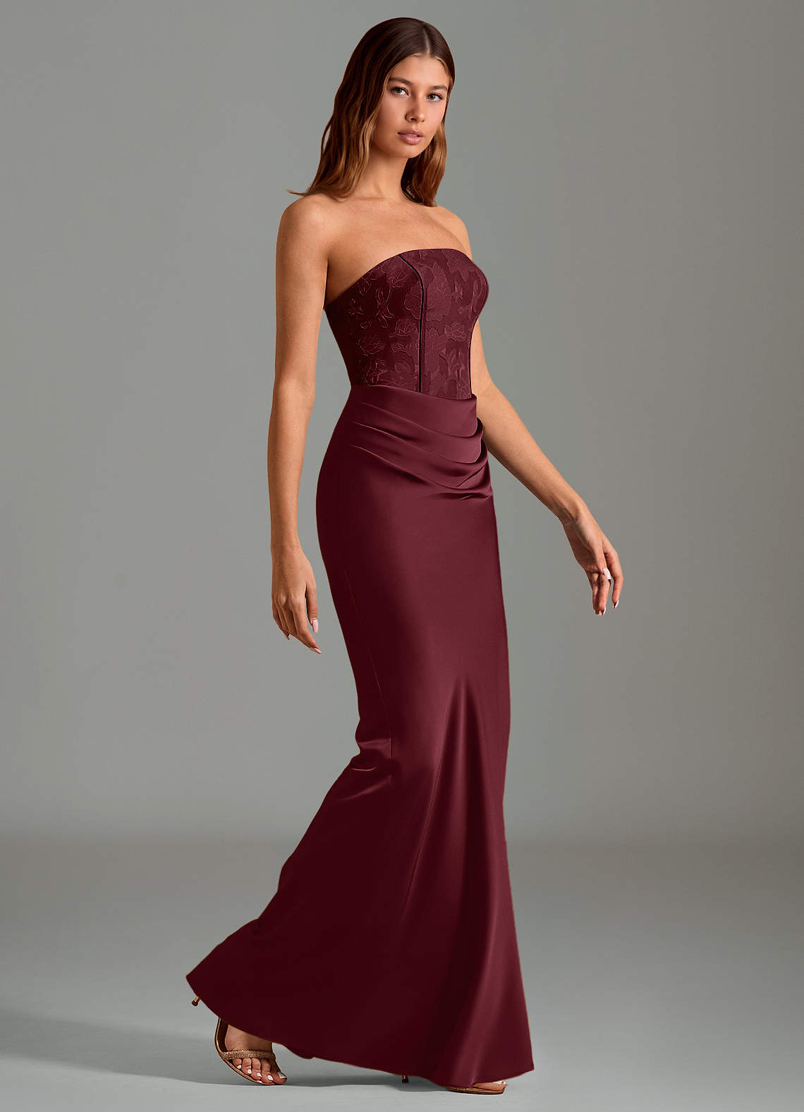 Emilia Mermaid Strapless Stretch Satin and Floral Burnout Bridesmaid Dress in Cabernet