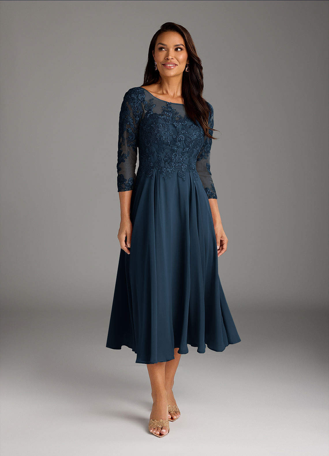 Marge A-Line Scoop-Neck Chiffon and Lace Mother of the Bride Dress in Dark Navy