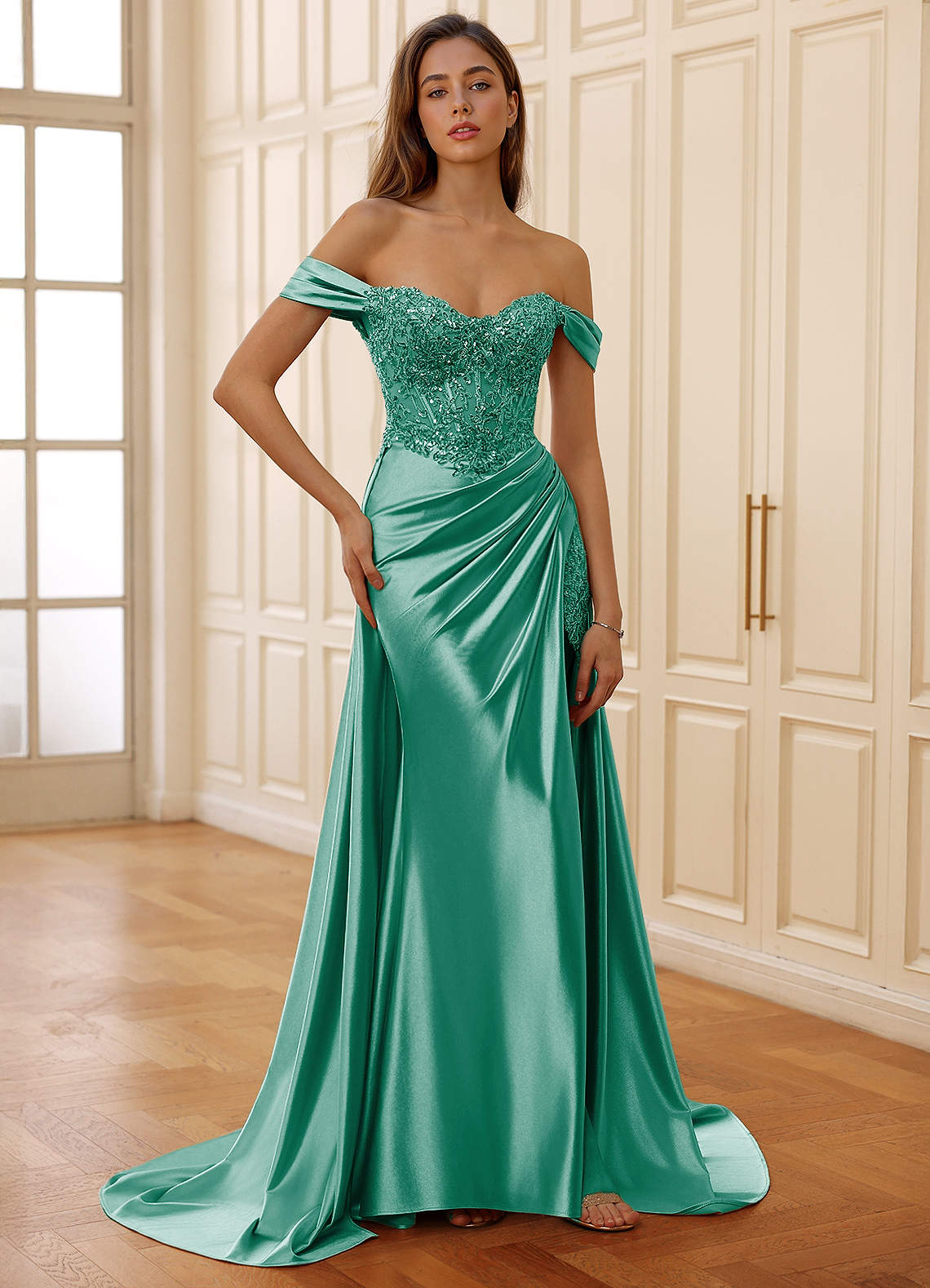 Rowane A-Line Off-the-Shoulder Satin Evening Dress in Plum