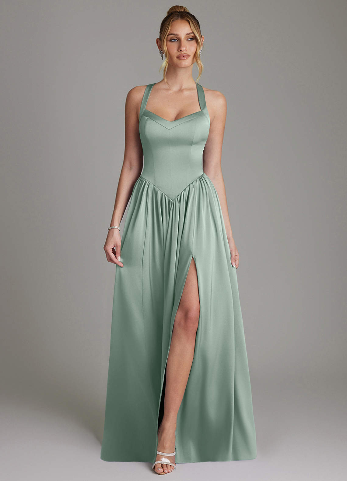 Francis A-Line V-Neck Stretch Satin Bridesmaid Dress in Agave