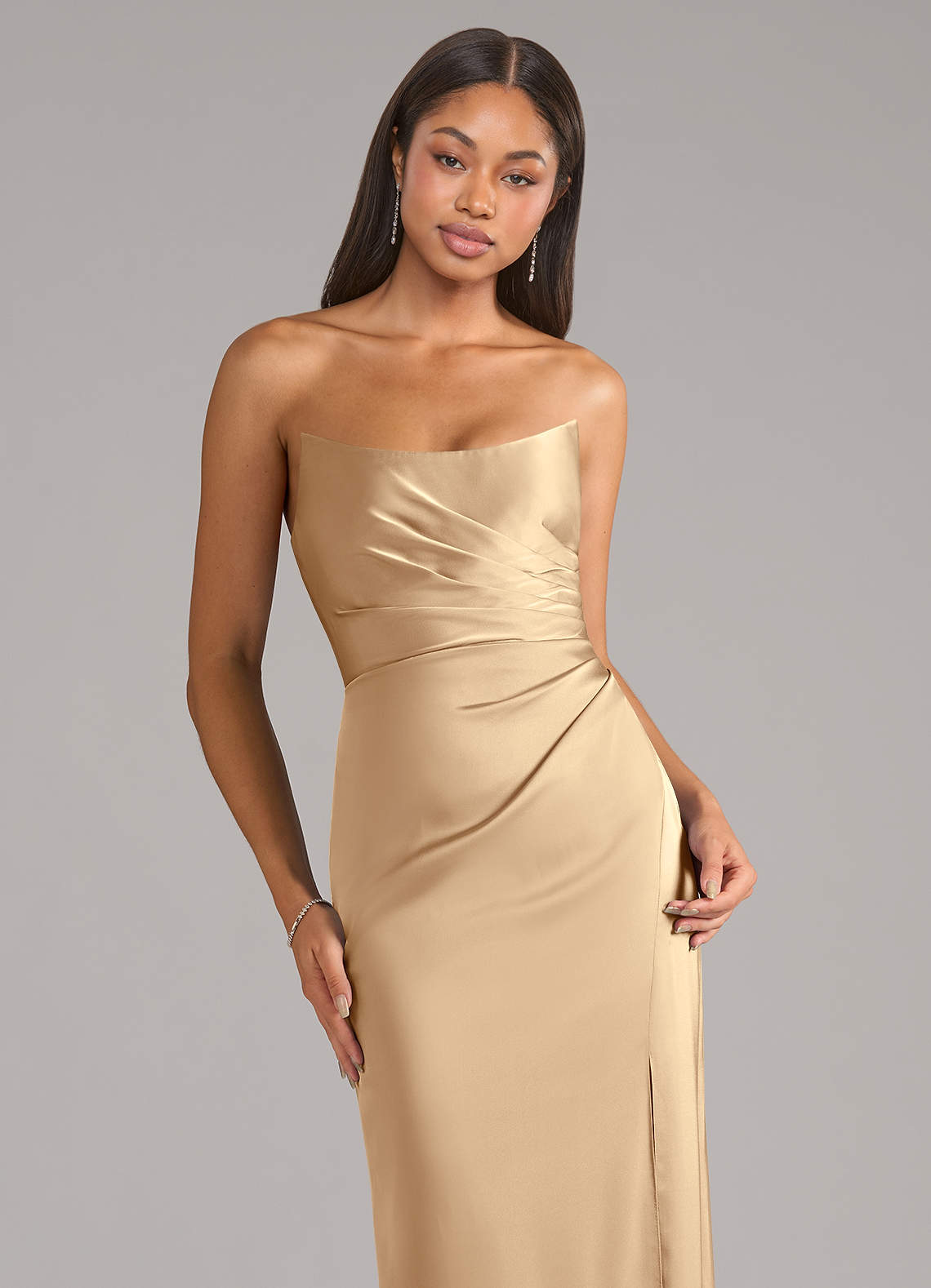 Marla Sheath Strapless Stretch Satin Bridesmaid Dress in Champagne