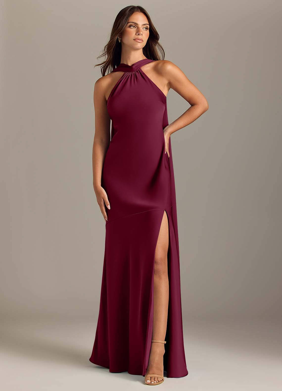 Kinsley Mermaid Halter Stretch Satin Bridesmaid Dress in Mulberry