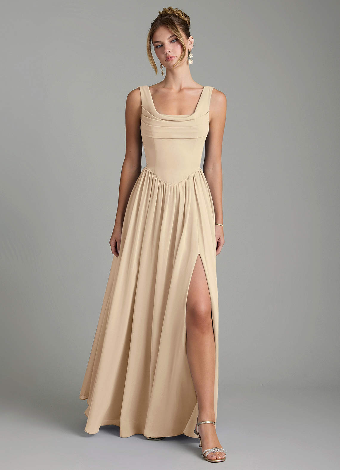 Novi A-Line Square-Neck Chiffon Bridesmaid Dress in Champagne