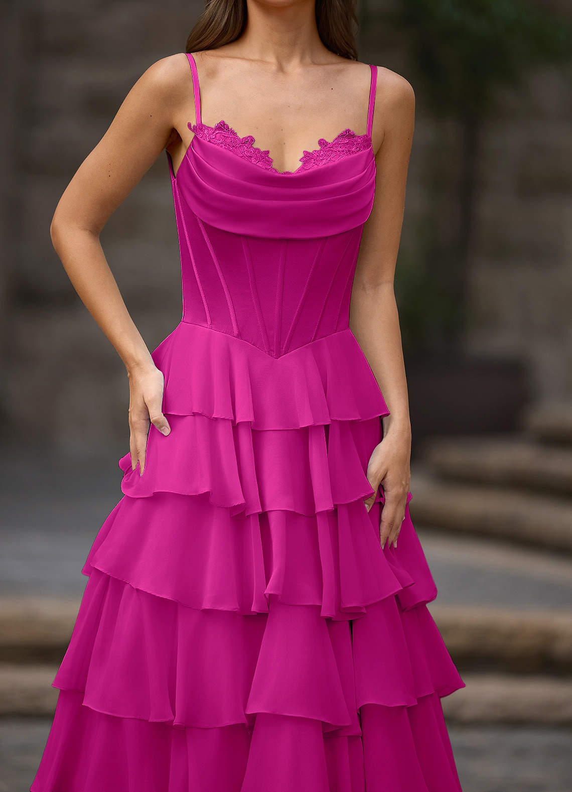 Floralace A-Line Ruffle Chiffon Evening Dress in Hot Pink