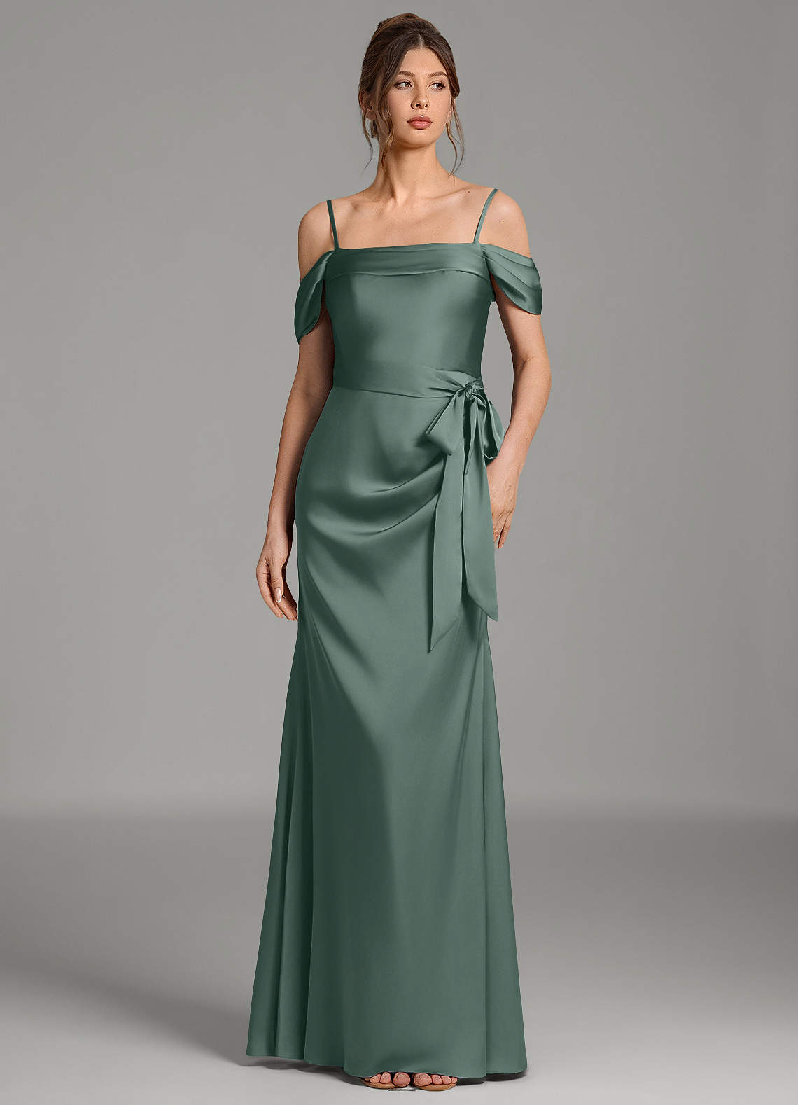 Wyatt Mermaid Off-the-Shoulder Stretch Satin Bridesmaid Dress in Sea Moss