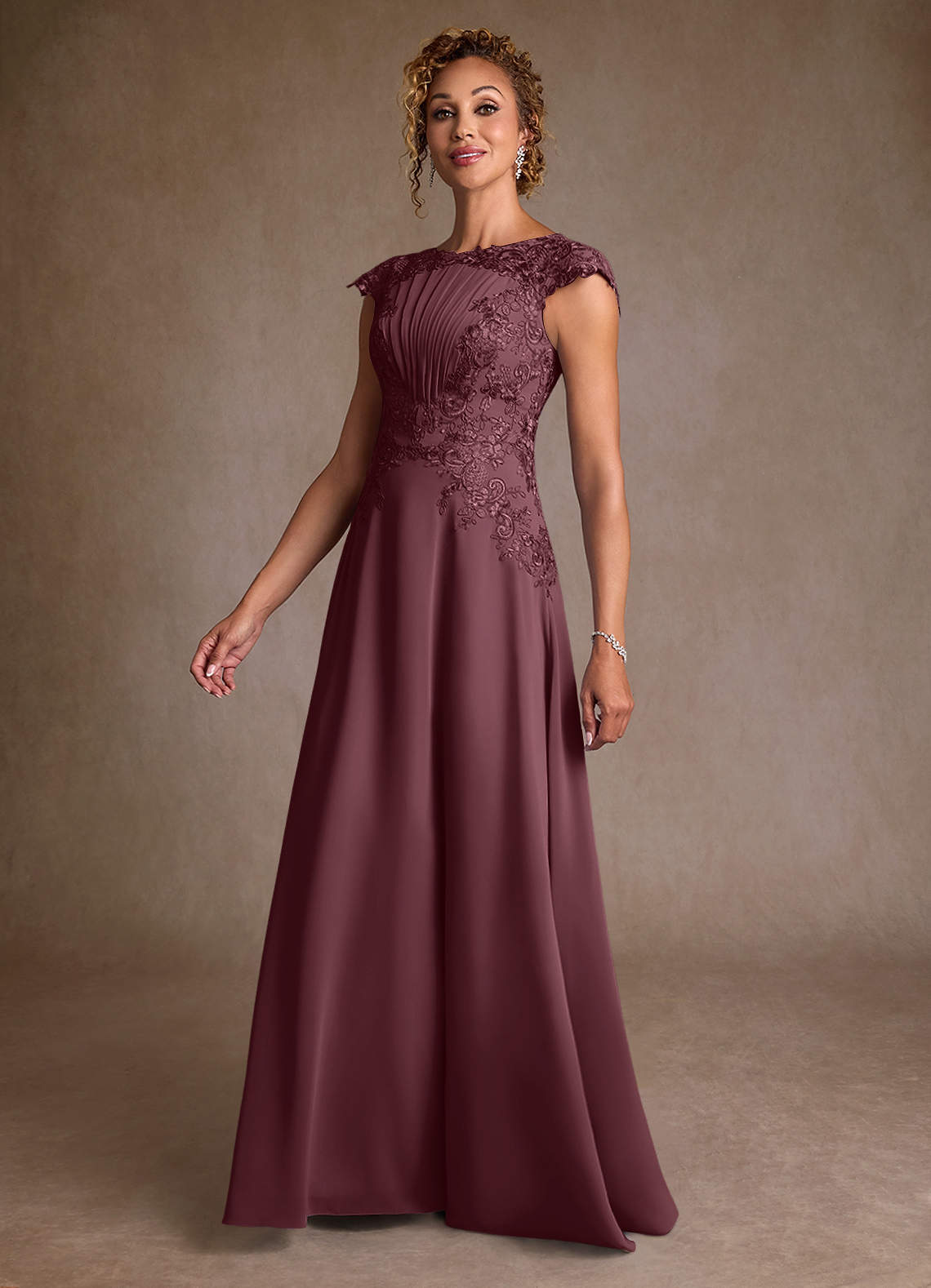Christi A-Line Scoop-Neck Chiffon and Lace Mother of the Bride Dress in Sangria