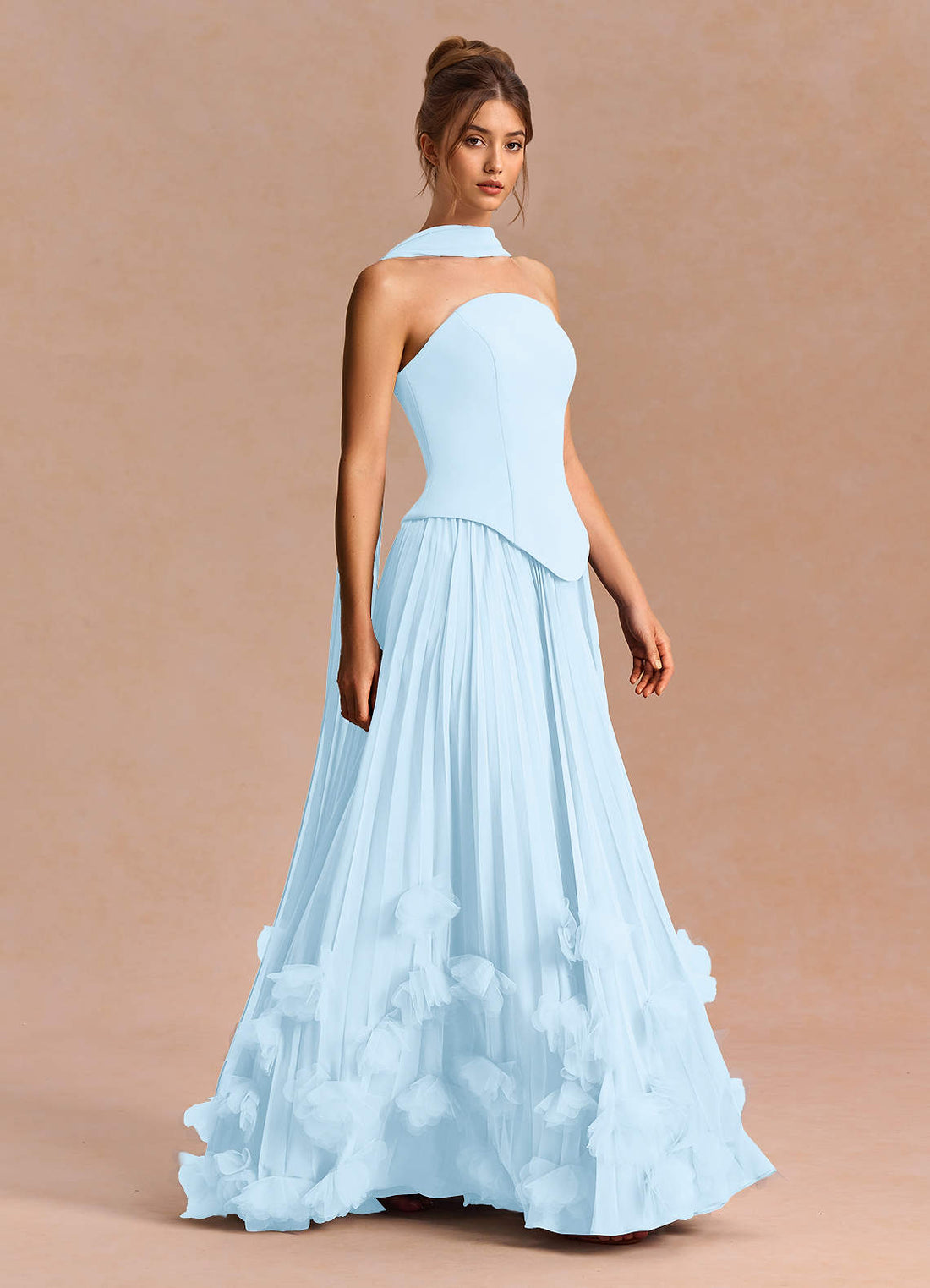 Noeline A-Line Corset Chiffon Evening Dress in Light Blue