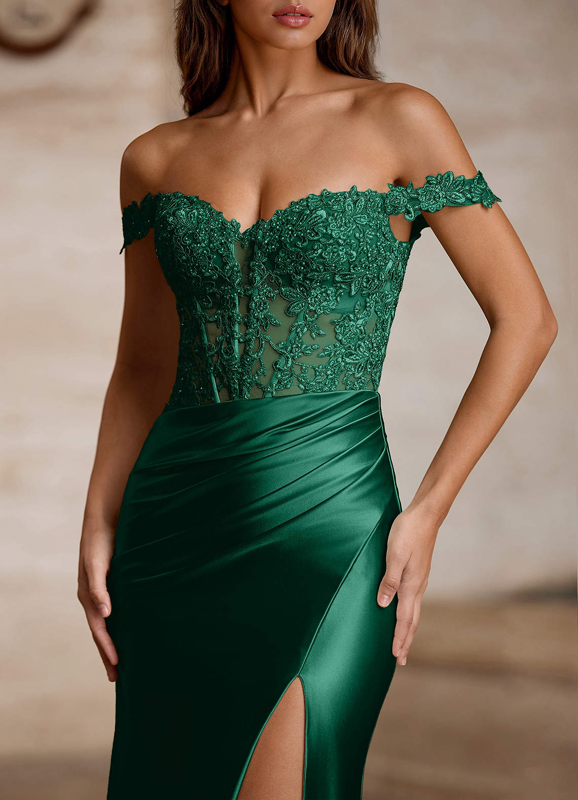 Wrentino Mermaid Off-the-Shoulder Stretch Satin Evening Dress in Dark Green