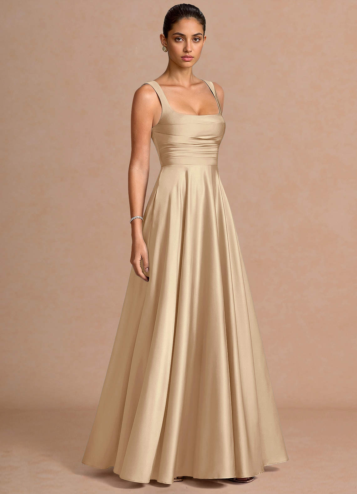 Azaria A-Line Square-Neck Stretch Satin Wedding Guest Dress in Champagne