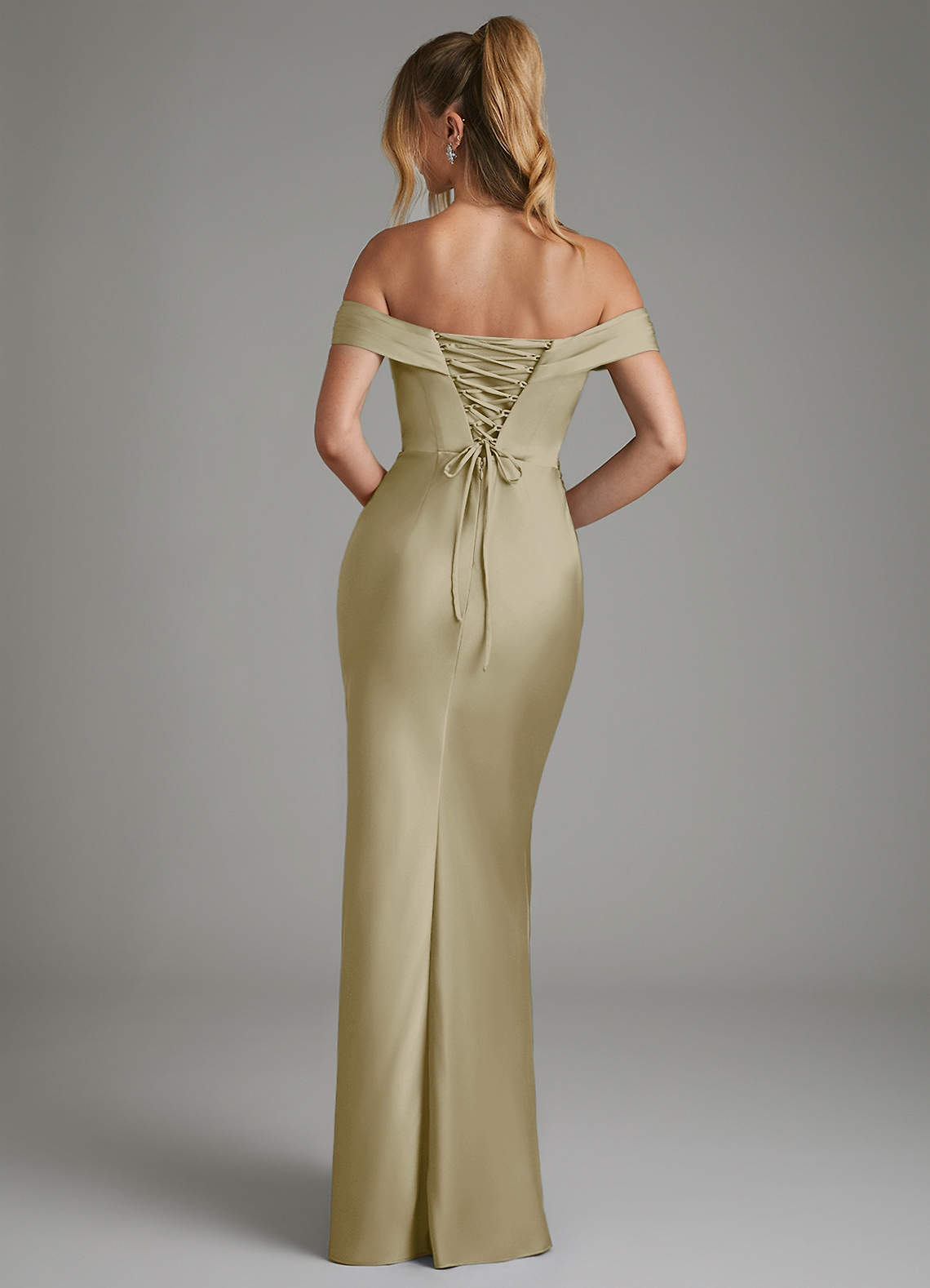 Hayden Mermaid Off-the-Shoulder Stretch Satin Bridesmaid Dress in Moss Green