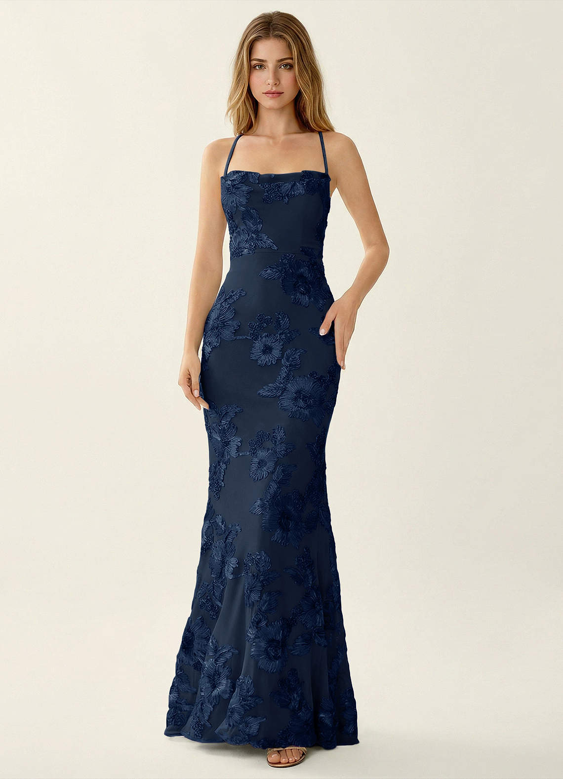 Kailani Mermaid Spaghetti-Strap Lace Evening Dress in Pale Purple
