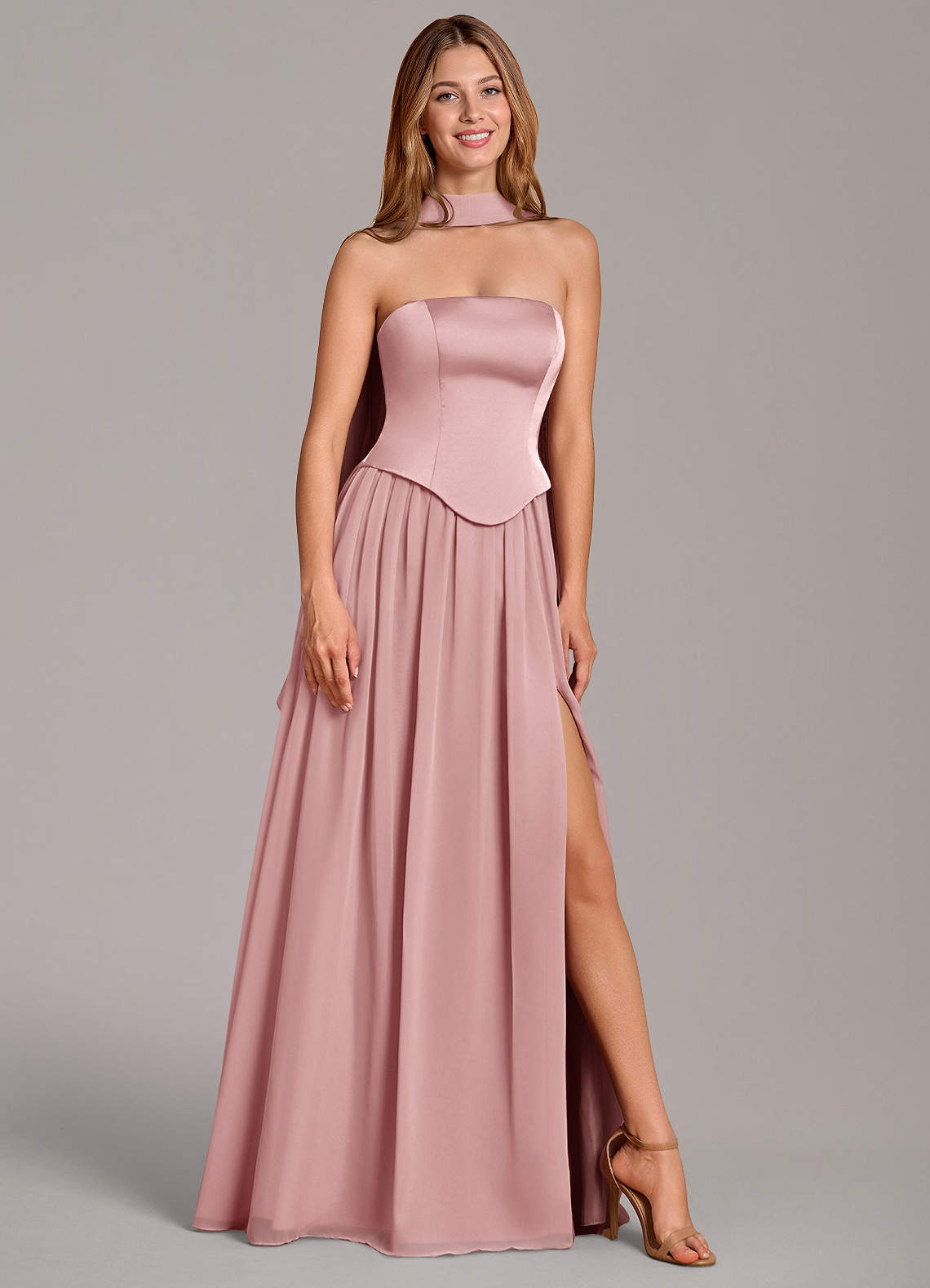 Cadence A-Line Strapless Chiffon and Stretch Satin Bridesmaid Dress in dusty rose