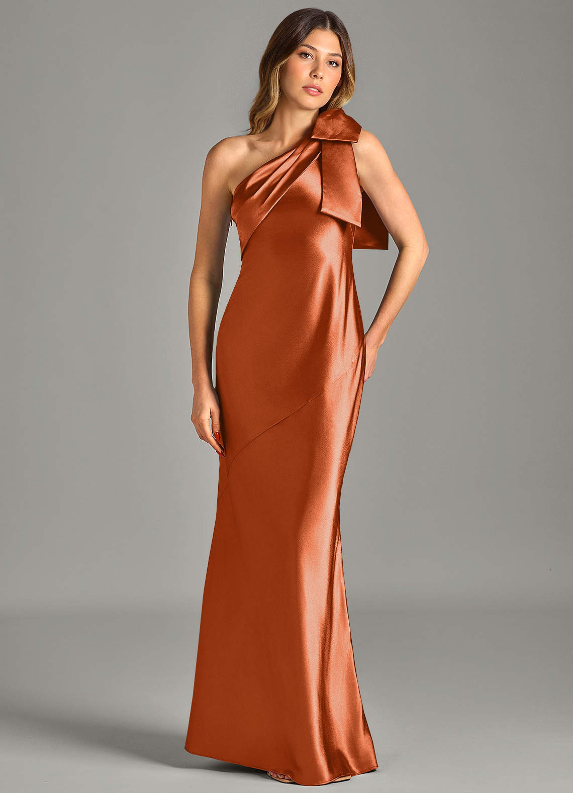 Yuanna Mermaid One-Shoulder Metallic Satin Bridesmaid Dress in Burnt Orange