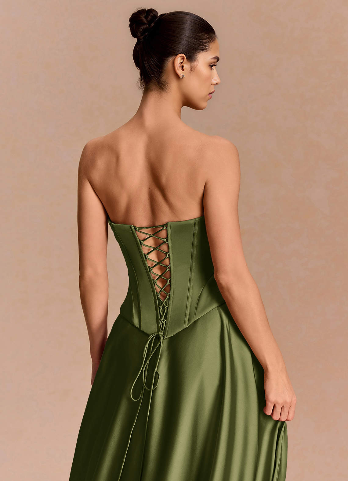 Eponine A-Line Pleated Stretch Satin Evening Dress in Olive