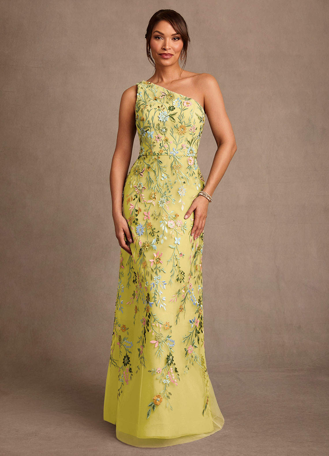 Bertie A-Line One-Shoulder Lace Mother of the Bride Dress in Canary