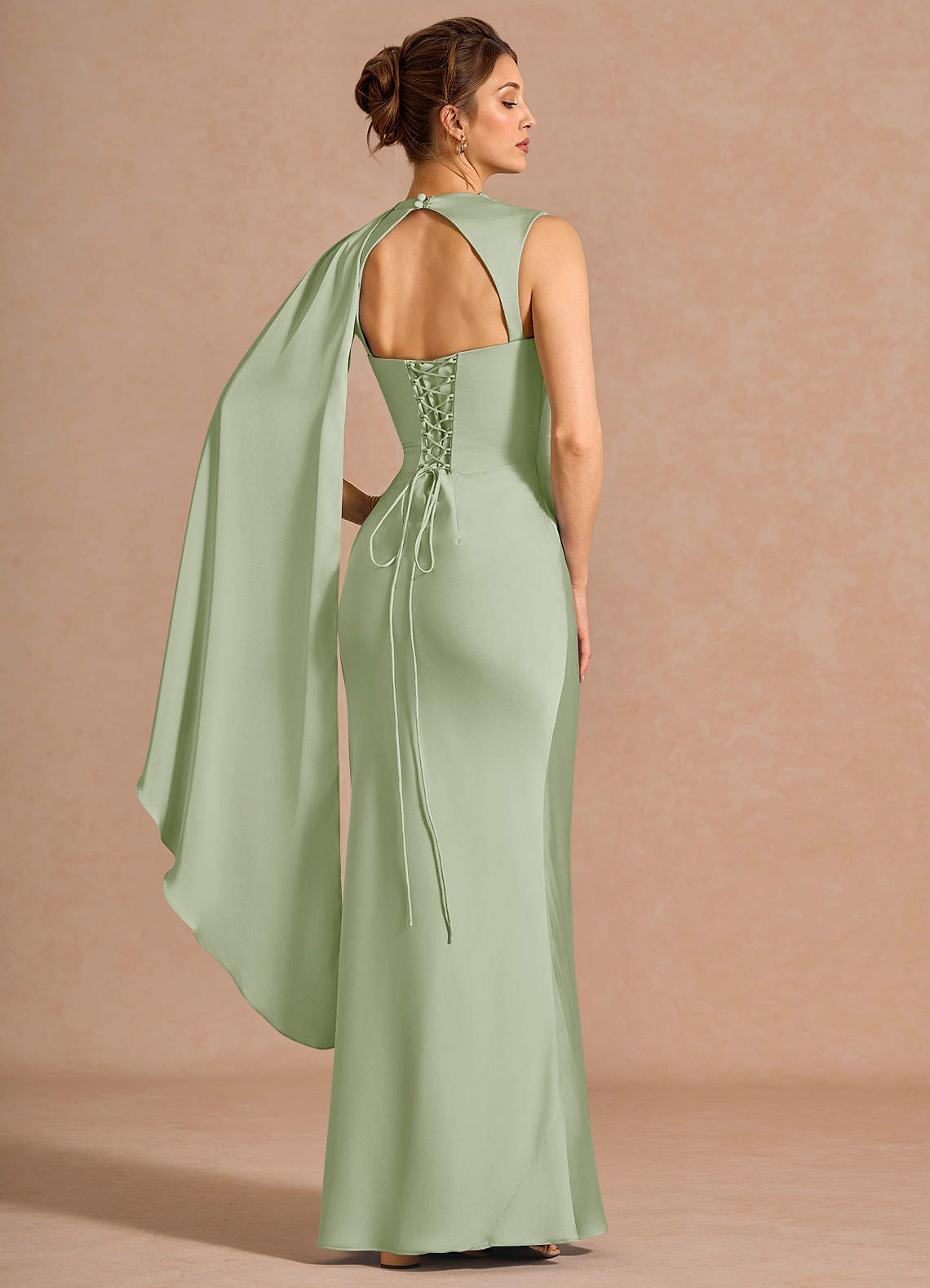 Chesney Cape-Sleeve Pleated Stretch Satin Wedding Guest Dress in Light Green