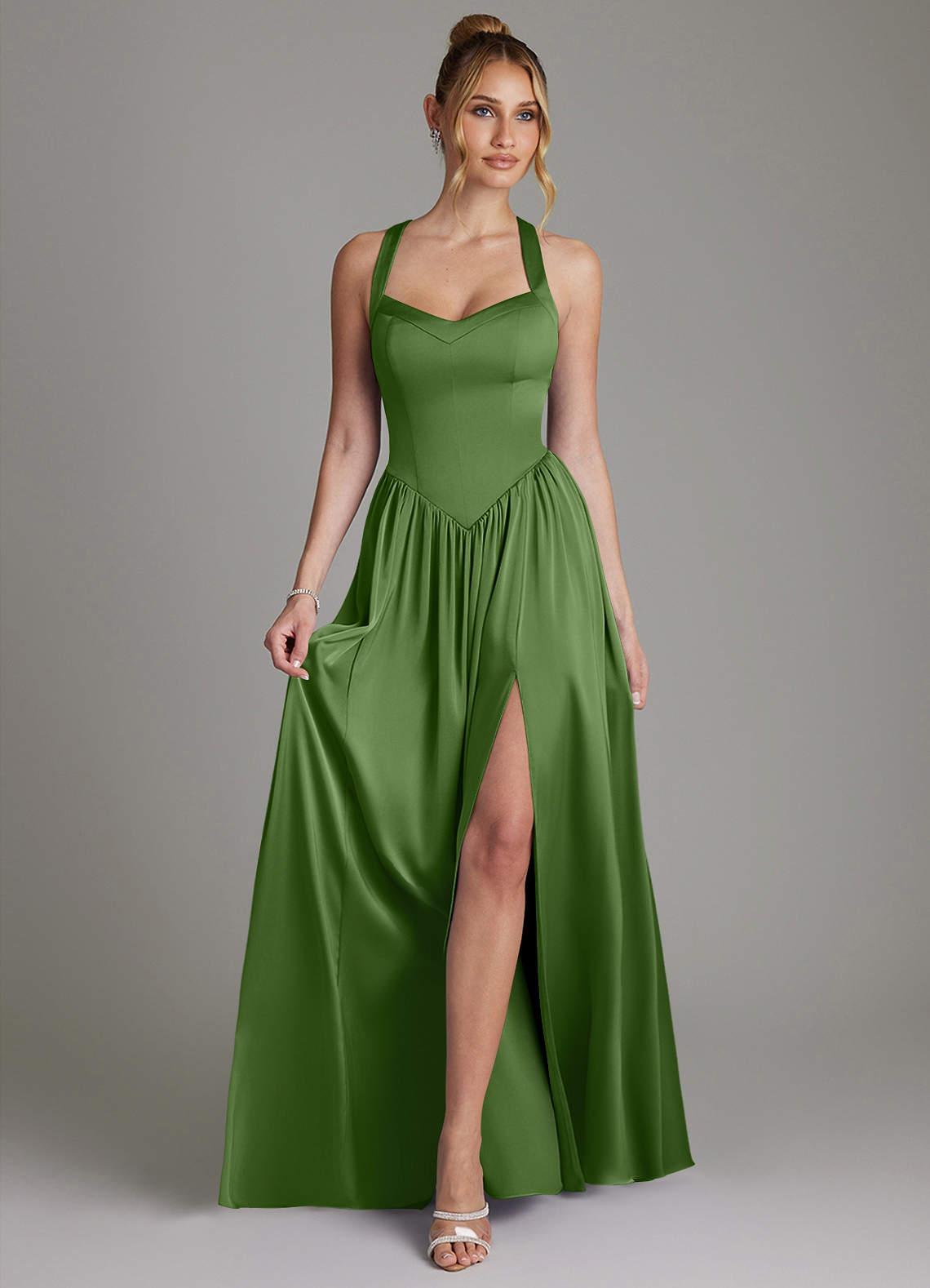 Francis A-Line V-Neck Stretch Satin Bridesmaid Dress in Basil