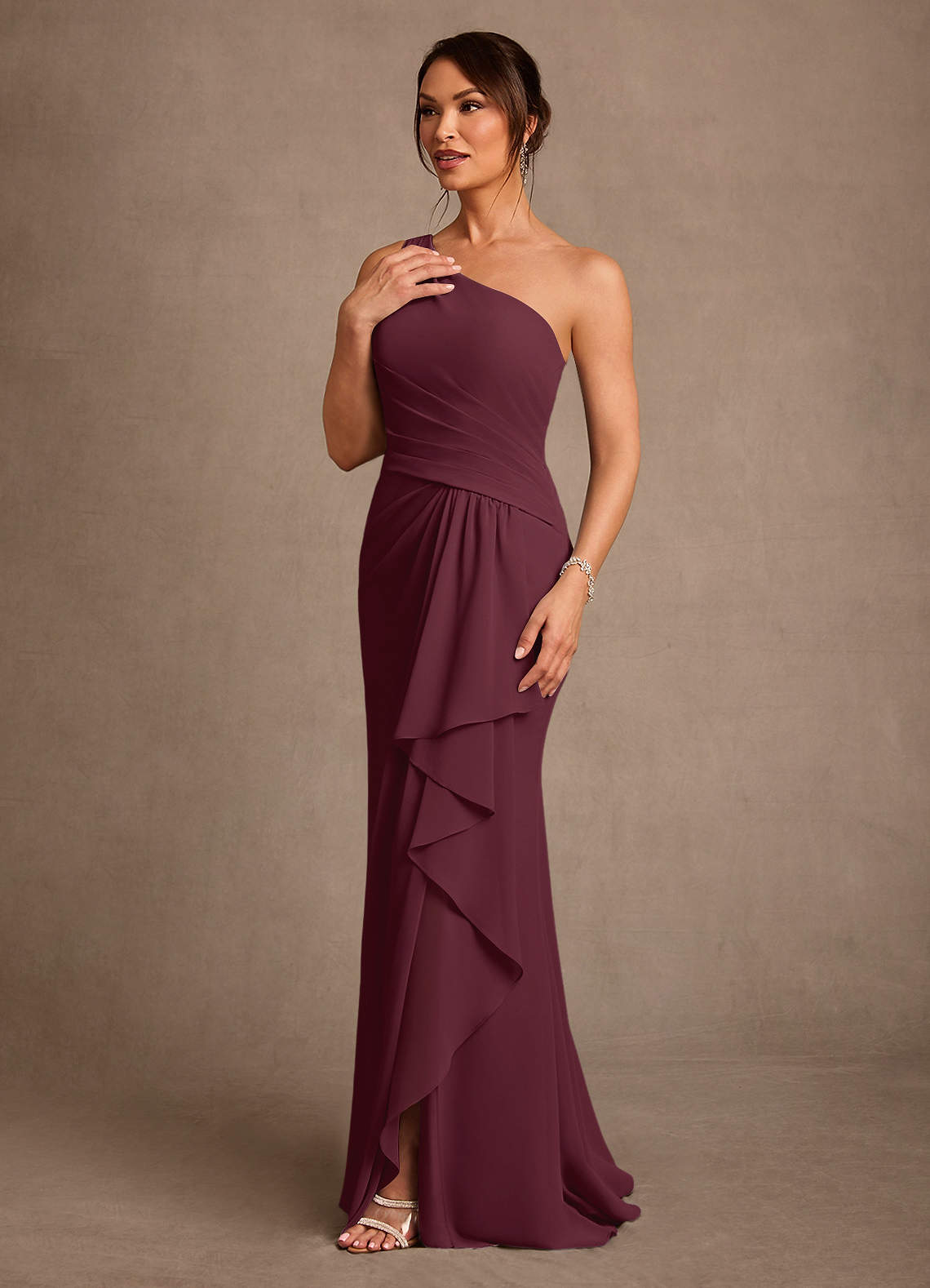 Floy Sheath One-Shoulder Chiffon Mother of the Bride Dress in Cabernet
