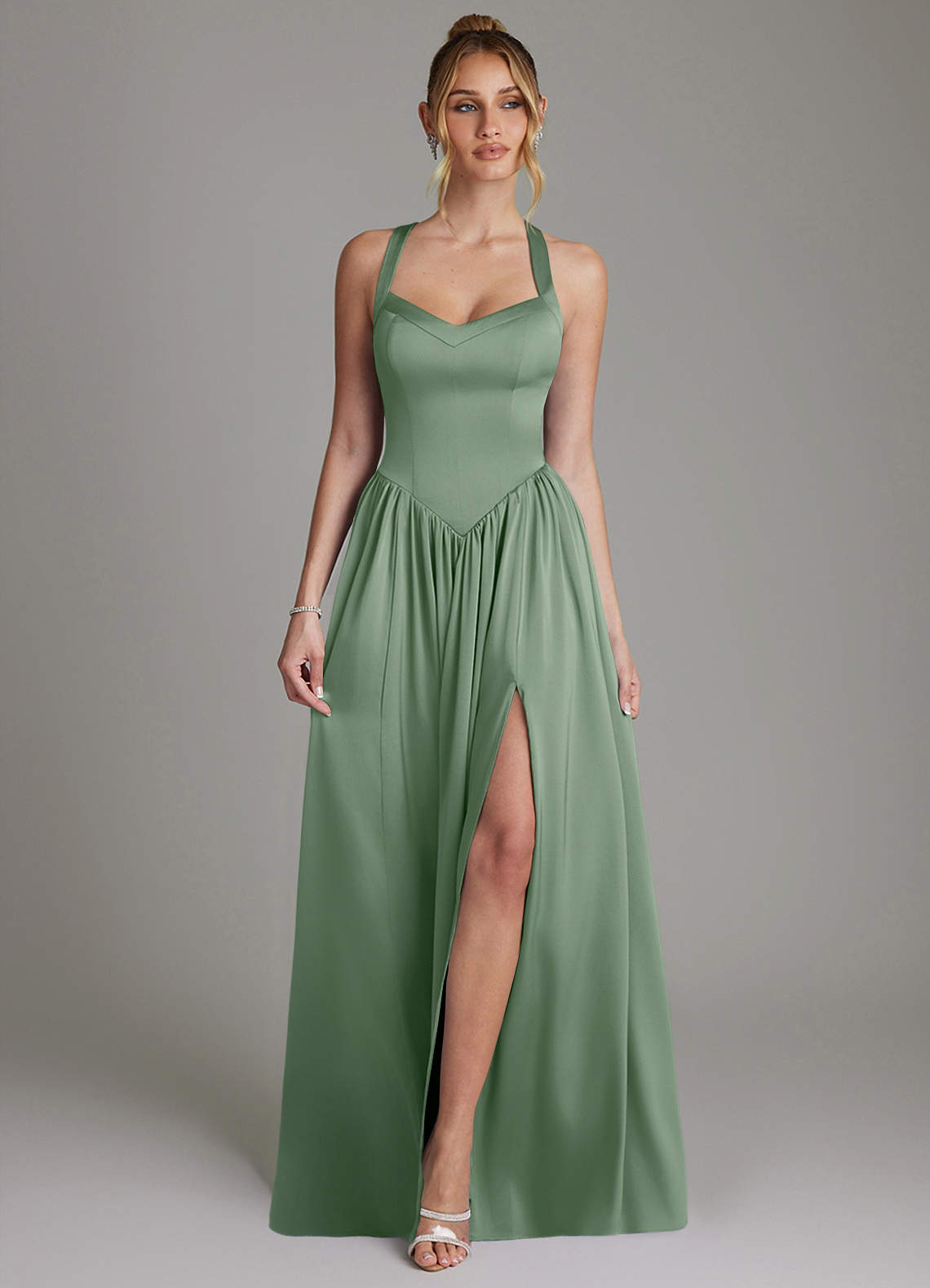 Francis A-Line V-Neck Stretch Satin Bridesmaid Dress in Matcha