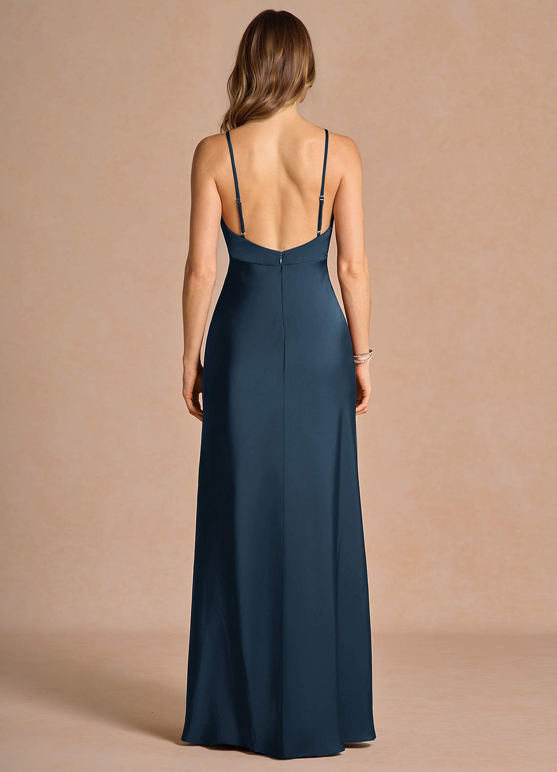 Samara Sheath Feather-Trim Satin Chiffon Wedding Guest Dress in Navy