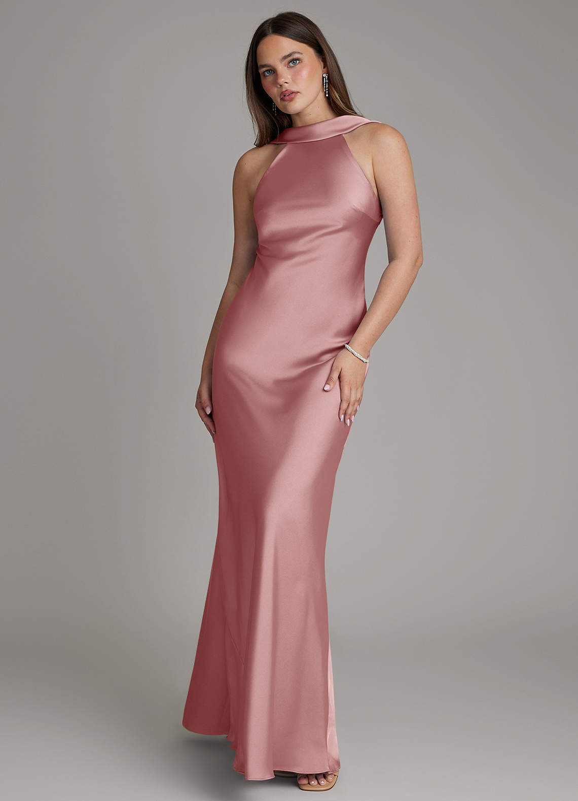 Dimitra Sheath Halter Stretch Satin Bridesmaid Dress in dusty rose