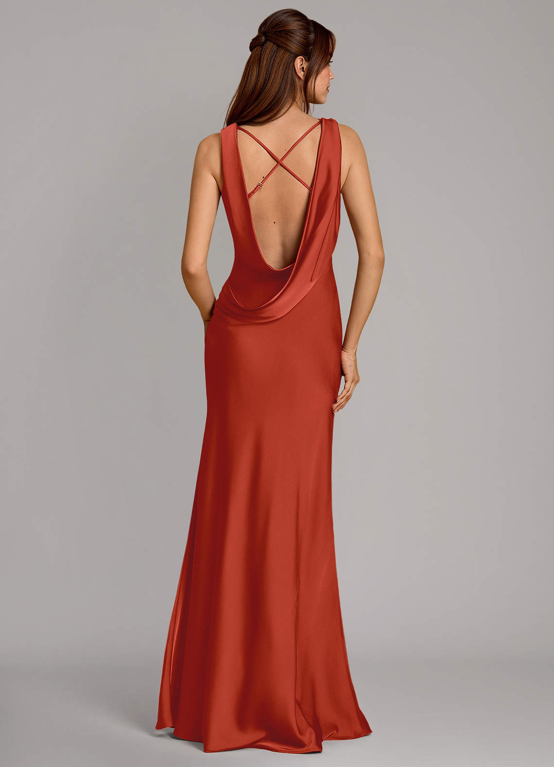 Cheryl Mermaid Cowl-Neck Stretch Satin Bridesmaid Dress in Rust