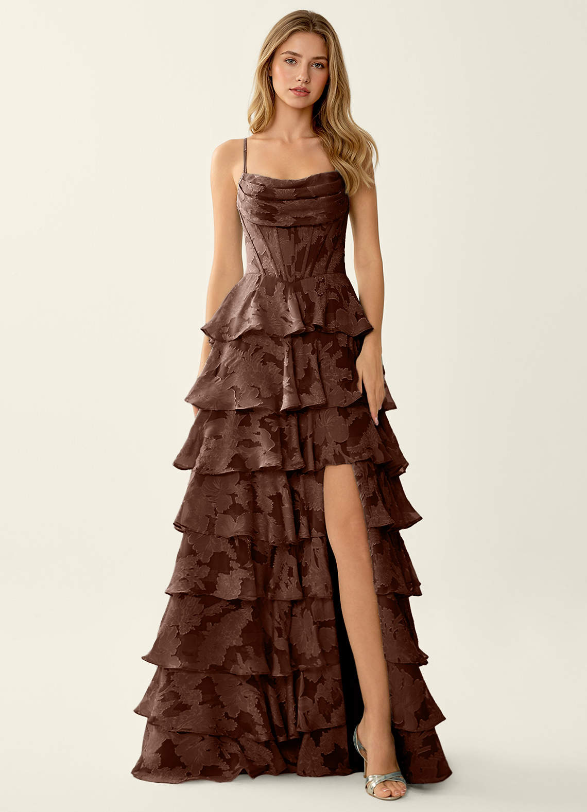 Wrenana A-Line Cowl-Neck Floral Burnout Evening Dress in Dark Green