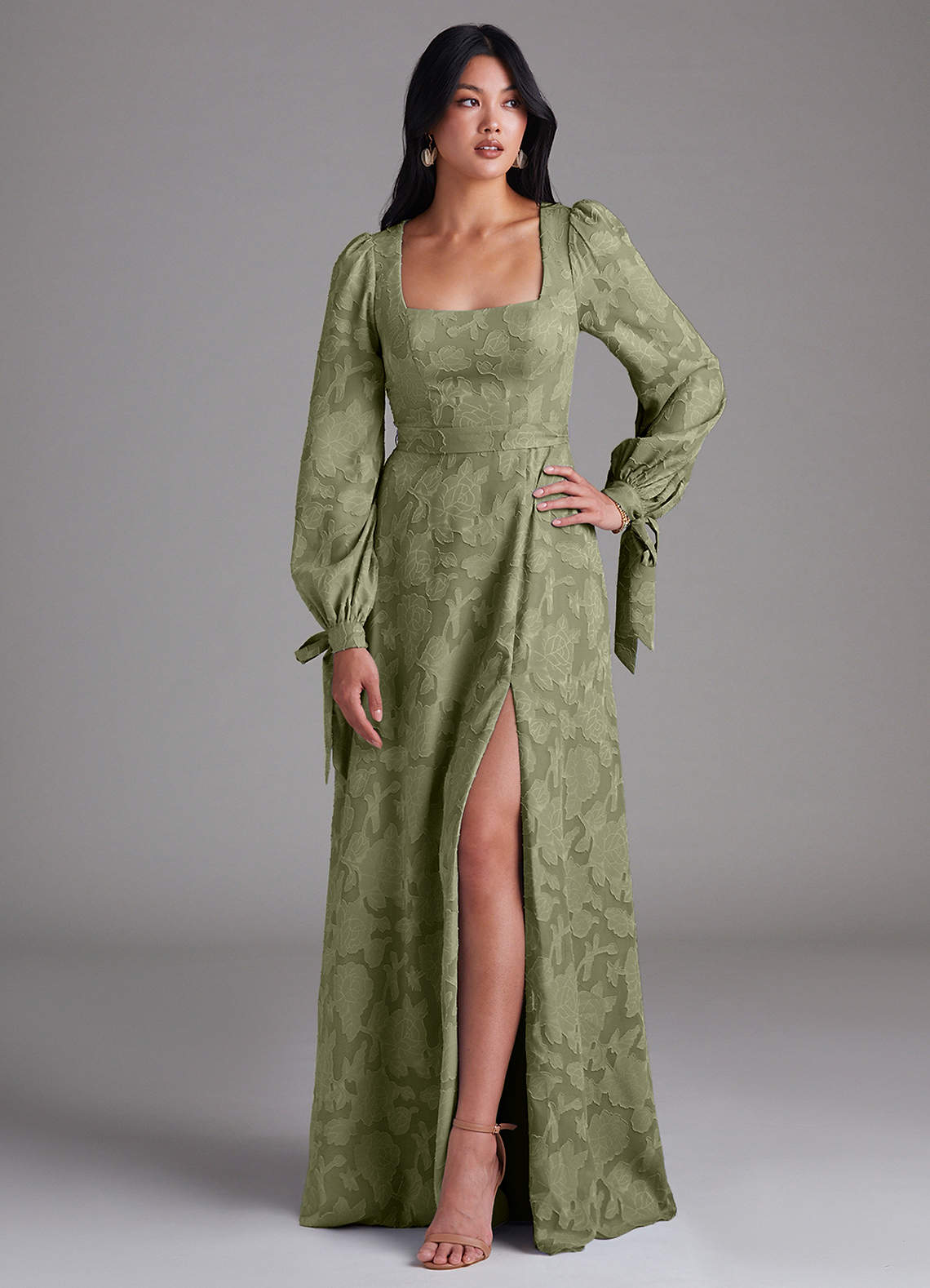 Leonia A-Line Square-Neck Stretch Satin Bridesmaid Dress in Pistachio