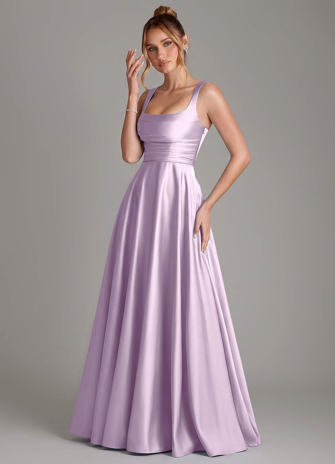 Azaria A-Line Square-Neck Stretch Satin Bridesmaid Dress in Frosted Lilac