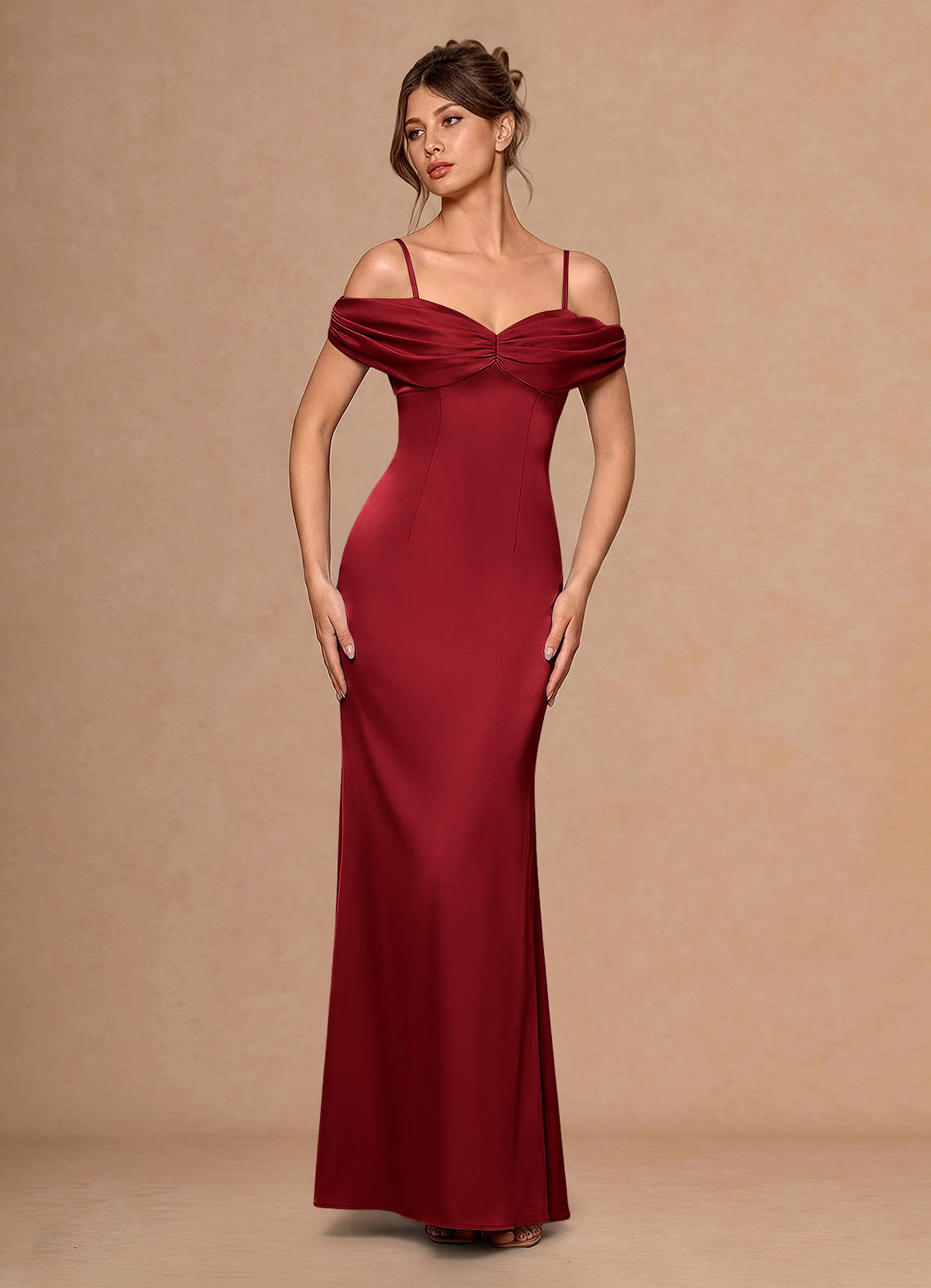 Estelle A-Line Cold-Shoulder Satin Chiffon Evening Dress in Cherry Red