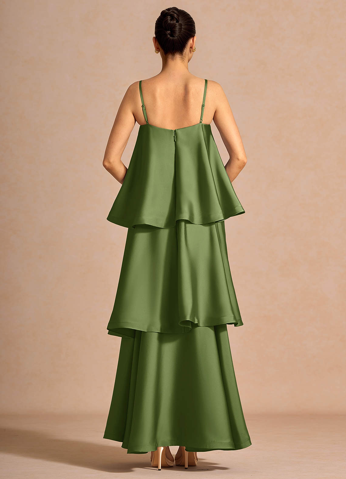 Itasca A-Line Tiered Stretch Satin Wedding Guest Dress in Olive Green