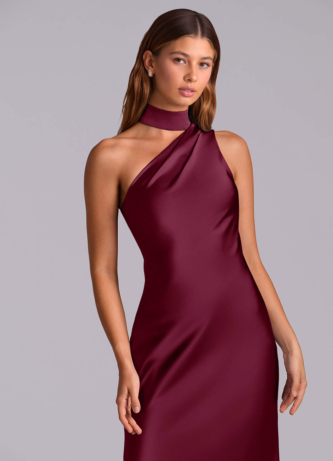 Seona Mermaid One-Shoulder Stretch Satin and Tulle Bridesmaid Dress in Mulberry