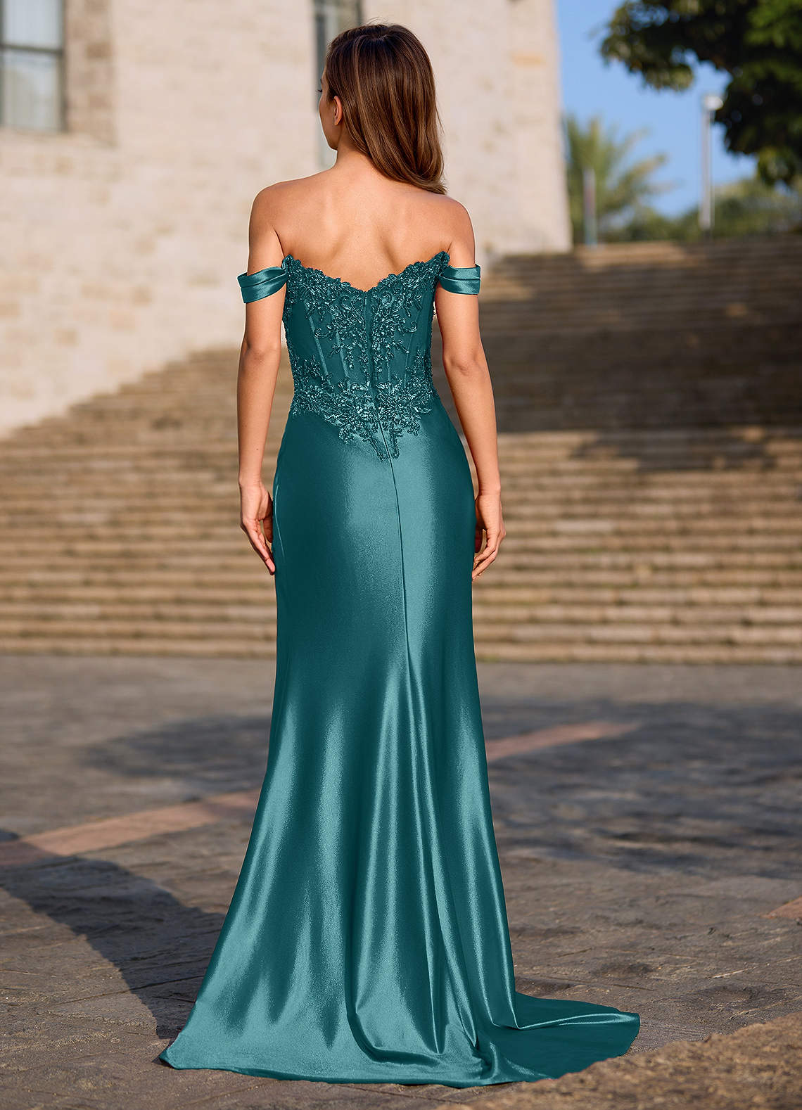 Opulence Mermaid Off-the-Shoulder Satin Evening Dress in Peacock Blue